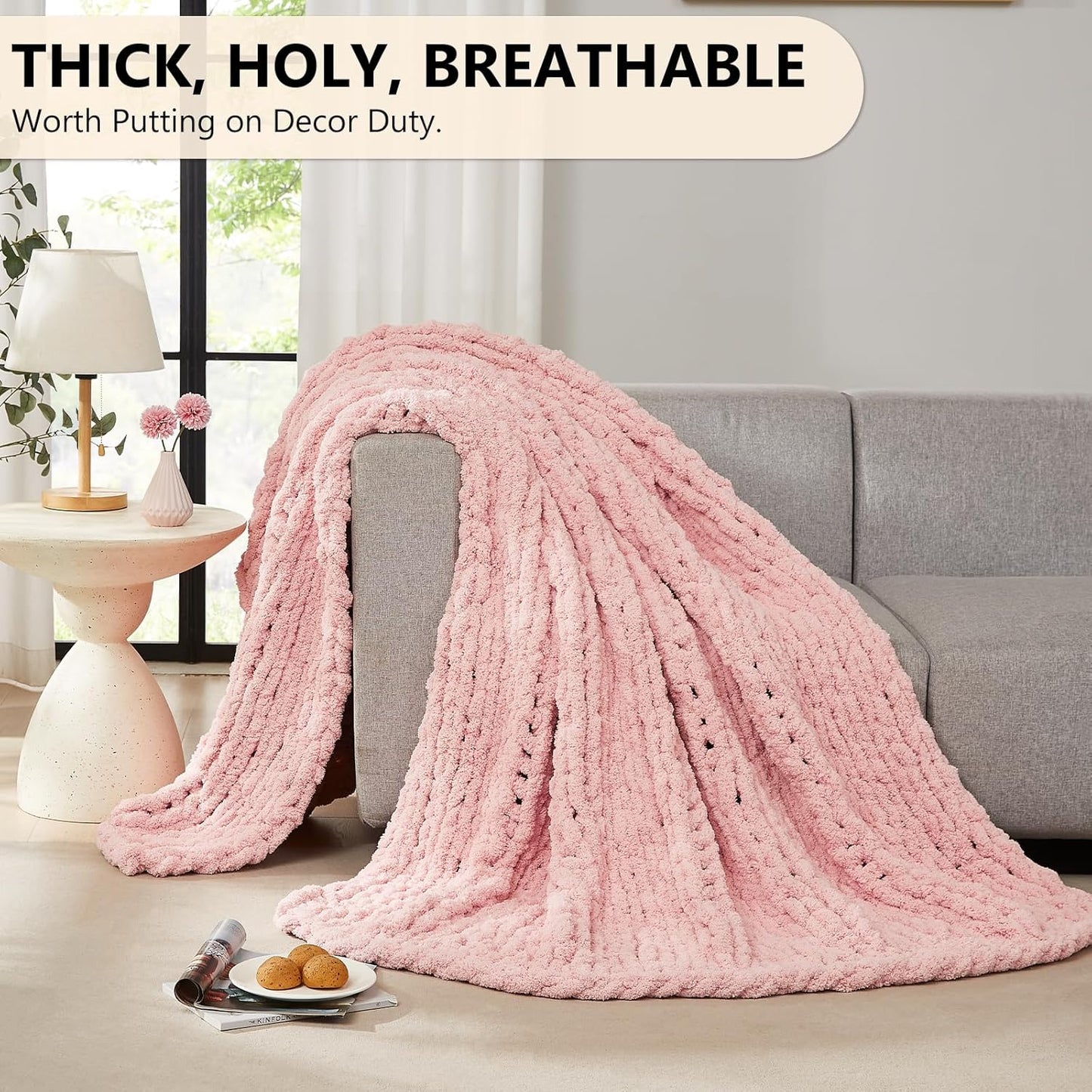 L'AGRATY Chunky Knit Blanket Throw - Soft Chenille Yarn Throw Blanket 60x80: Handmade Thick Cable Knit Crochet Blanket - Large Knit Blanket Chunky Rope Knot Throw Blanket for Couch Sofa Bed Home Decor