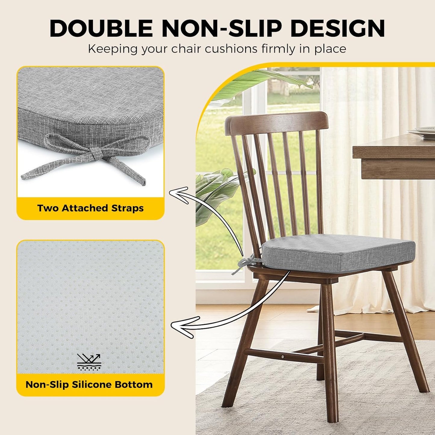 downluxe Indoor Chair Cushions for Dining Chairs, Soft and Comfortable Textured Foam Kitchen Chair Pads with Ties and Non-Slip Backing, 16" x 16" x 2", Light Grey, 6 Pack