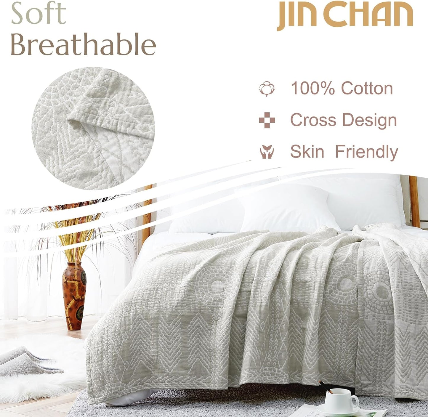 JINCHAN Boho 100% Cotton Muslin Blanket 3-Layer Queen Size 80x90 Inches Geometric Light Grey Lightweight Reversible Soft Comfy Throw for Couch Sofa Bed Coverlet Quilt Large Blanket Bedroom All Seasons