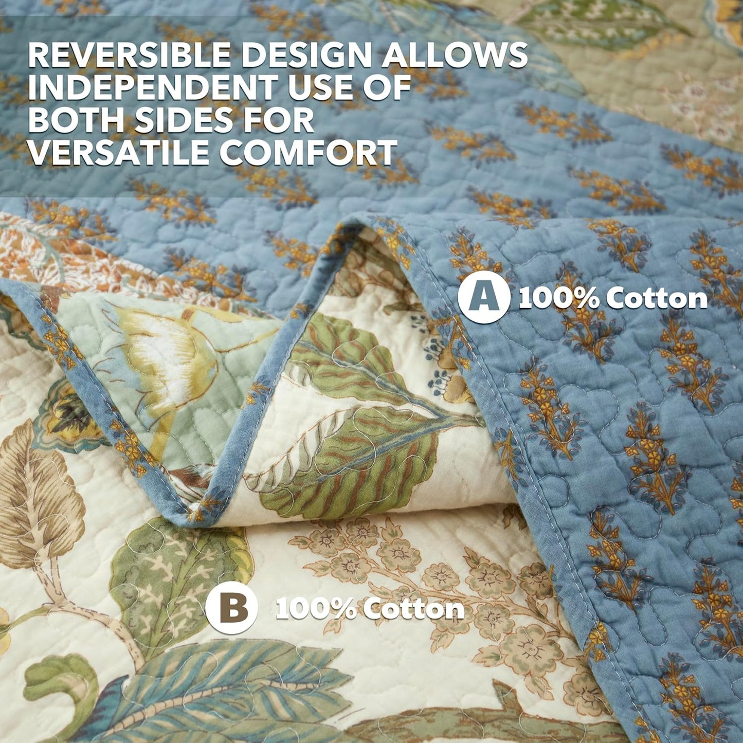 NEWLAKE Quilt Set Twin Size, 100% Cotton Patchwork Green Bohemian Quilt Sets, Reversible Bedspread Lightweight and Breathable for All Seasons, Soft Quilted Bedspread