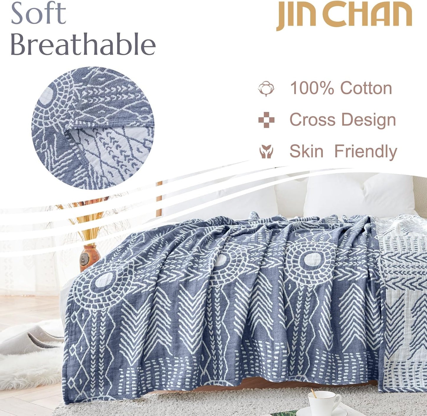 jinchan Boho 100% Cotton Muslin 50x60 Throw Blanket Lightweight 3-Layer Blue Blanket Washable Reversible Breathable Decorative Geometric Striped Patterned Soft Cozy for Sofa Bed All Season Gift