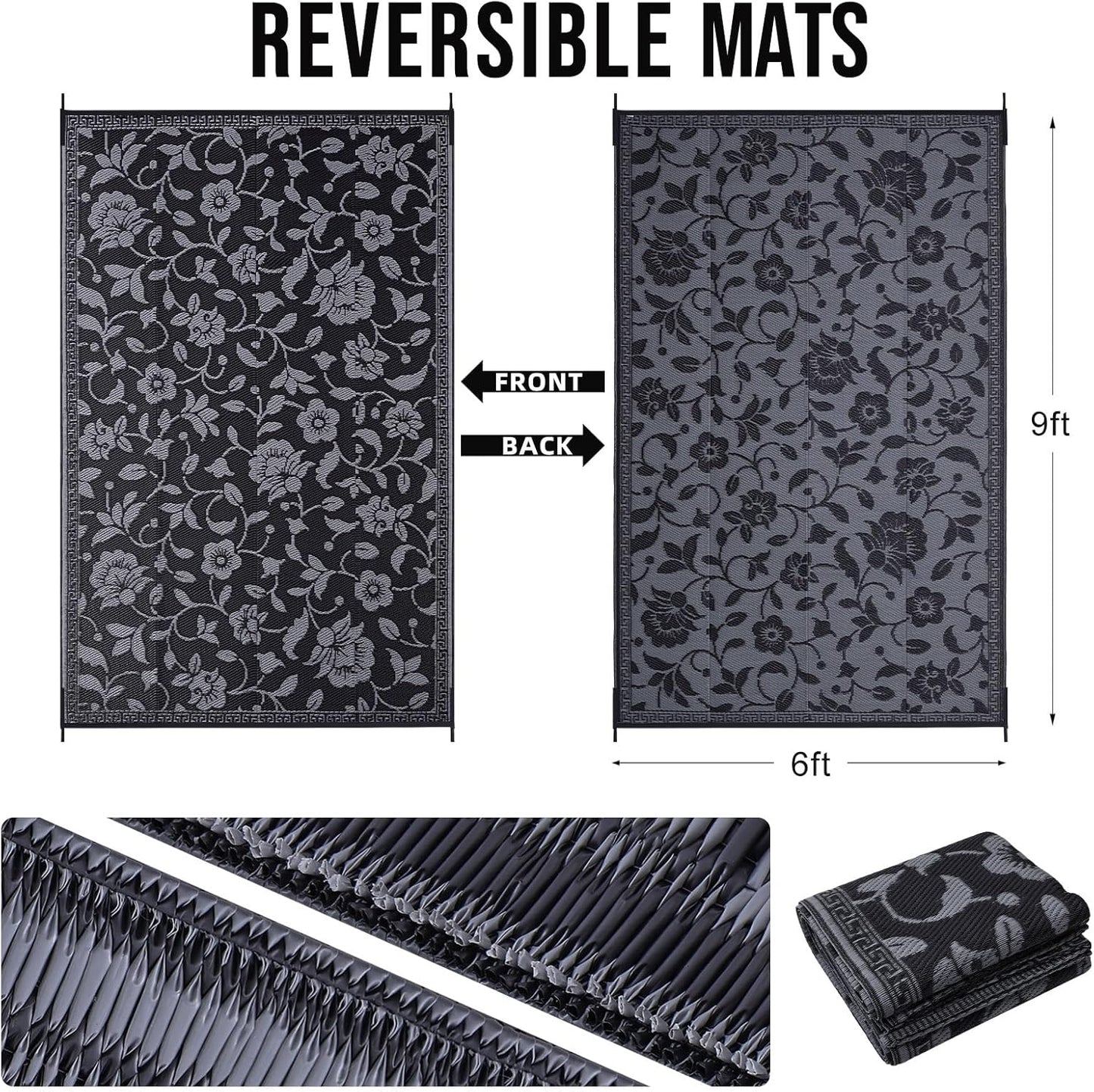 OLANLY Waterproof Outdoor Rug 6x9 ft, Outdoor Plastic Straw Rug with Flower Pattern, Reversible RV Mat for Patio, Camping, Balcony, Deck, Backyard, Black & Grey