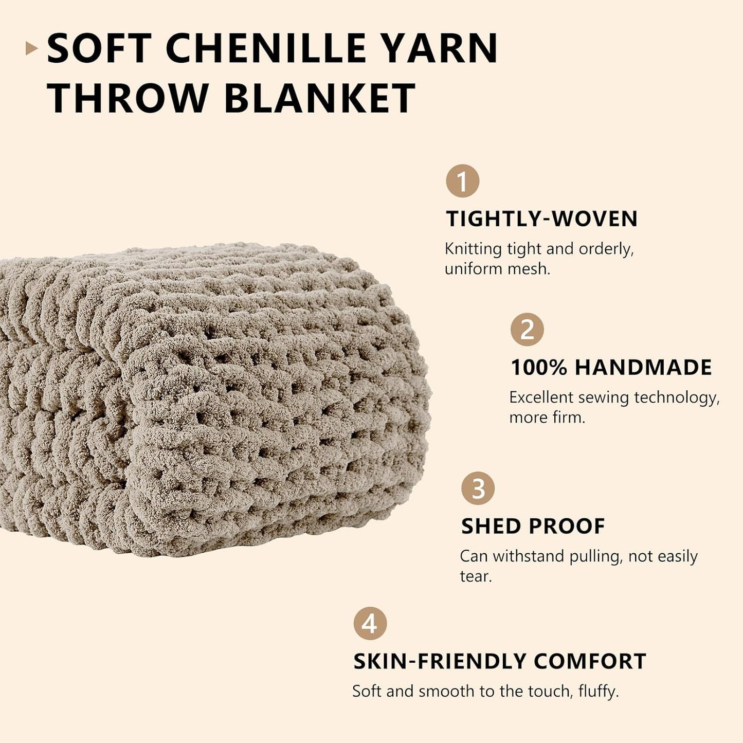 L'AGRATY Chunky Knit Blanket Throw: 72''x84'' Chenille Chunky Knitted Throw Blankets for Bed Couch - Handmade Thick Big Cable Knit Blanket - Large Crochet Rope Blankets for Home Decor(Light Linen)