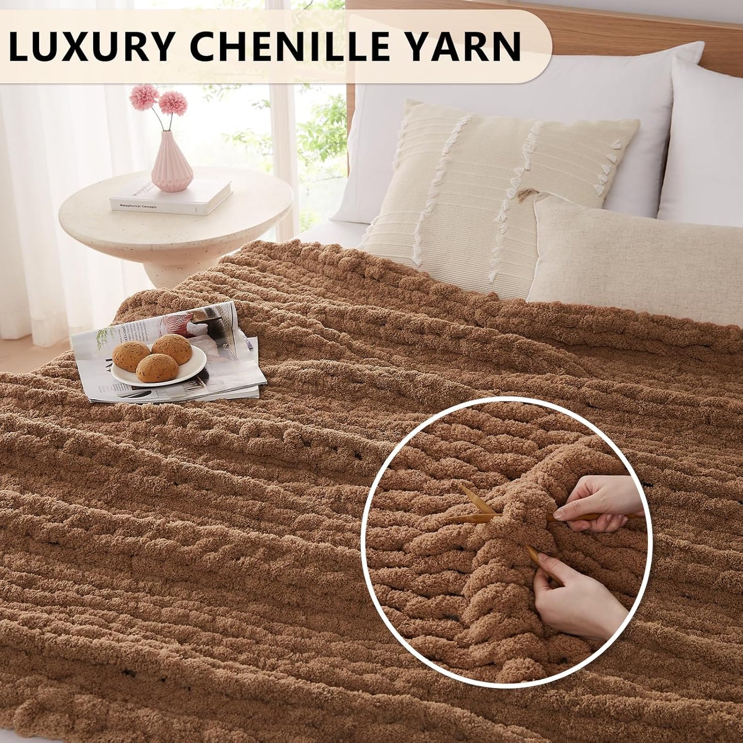 L'AGRATY Chunky Knit Blanket - Soft Chenille Yarn Throw - 60x80: Handmade Thick Cable Knit Crochet Blanket for Couch, Sofa, Bed & Home Decor