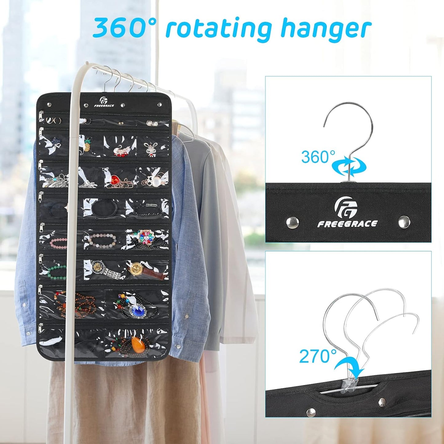 Freegrace Hanging Jewelry Organizer Revolving Hanger - Secure Zipper Closure - 25 Pockets,23 Hooks - Foldable Storage & Display Solution - for All Jewelry & Bijoux (Black)