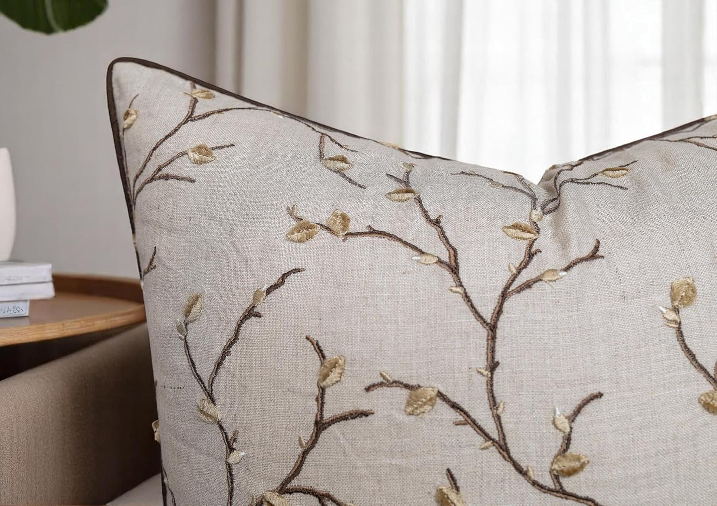 VAGMINE Embroidered Pussy Willow Throw Pillow Cover - 20x20 Inches Square - 100% Linen Natural Throw Pillowcase - Elegant Neutral Floral Design - Minimalist Rustic Home Accent for Sofa, Bed, Lounge