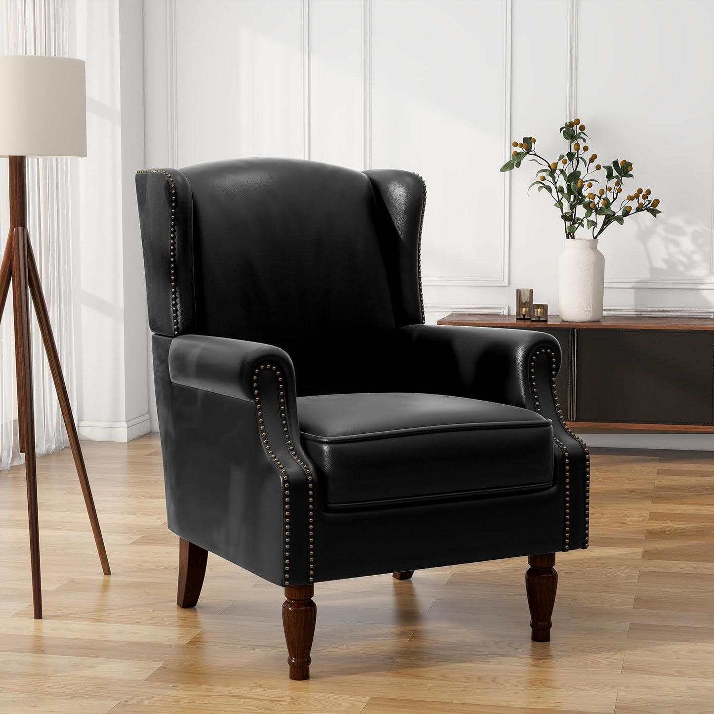 UIXE PU Leather High Back Accent Chair, Upholstered Armchair for Living Room, Retro Wingback Arm Chair Nailhead Trim Single Sofa Bedroom Reading Seat with Solid Wood Legs - Black