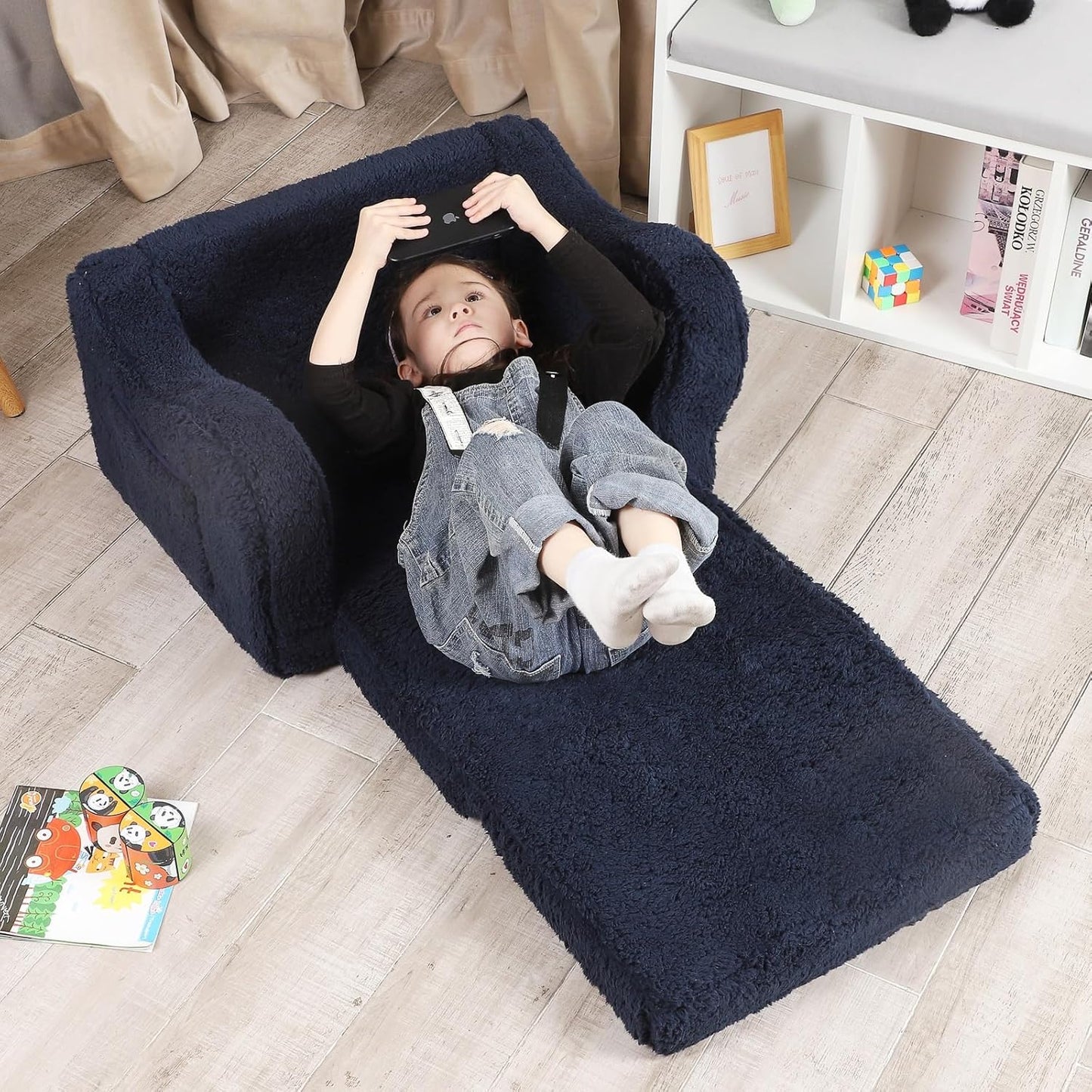 Kids Chairs for Toddler, 2-in-1 Toddler Soft Sherpa Couch Fold Out, Convertible Sofa to Lounger for Girls and Boys, Dark Blue