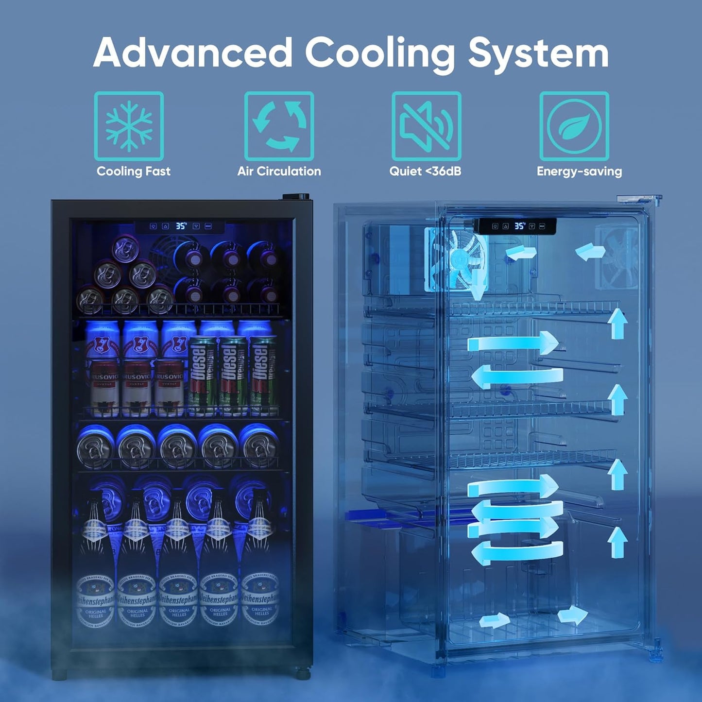 Beverage Fridge, 130 Can Mini Fridge With Glass Door, Beverage Cooler Refrigerator, Wine Drink Beer Cooler, Adjustable Shelves & Digital Temperature Display