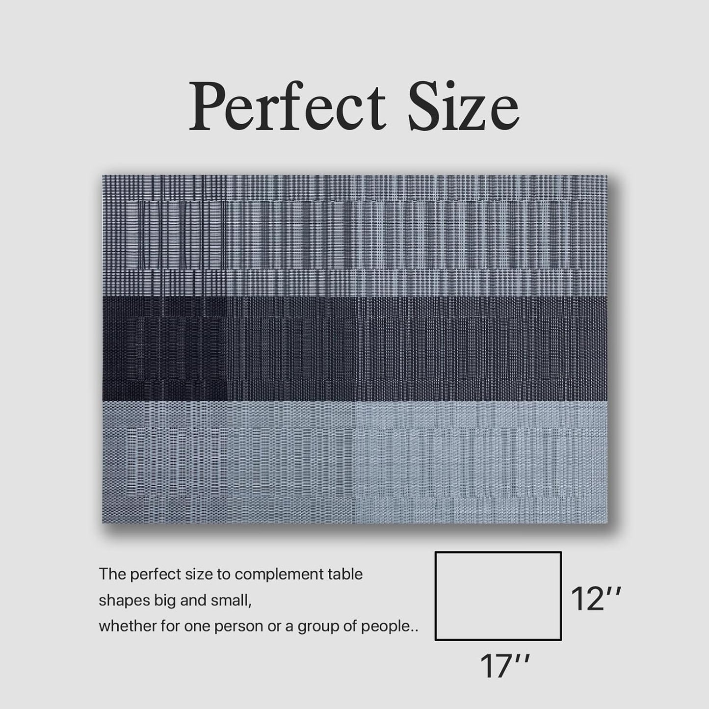 Placemats Set of 4 - Easy Clean Woven Vinyl Placemats for Dining Table, Indoor/Outdoor Place Mats, Washable PVC Table Mats （Silver Gray Black）