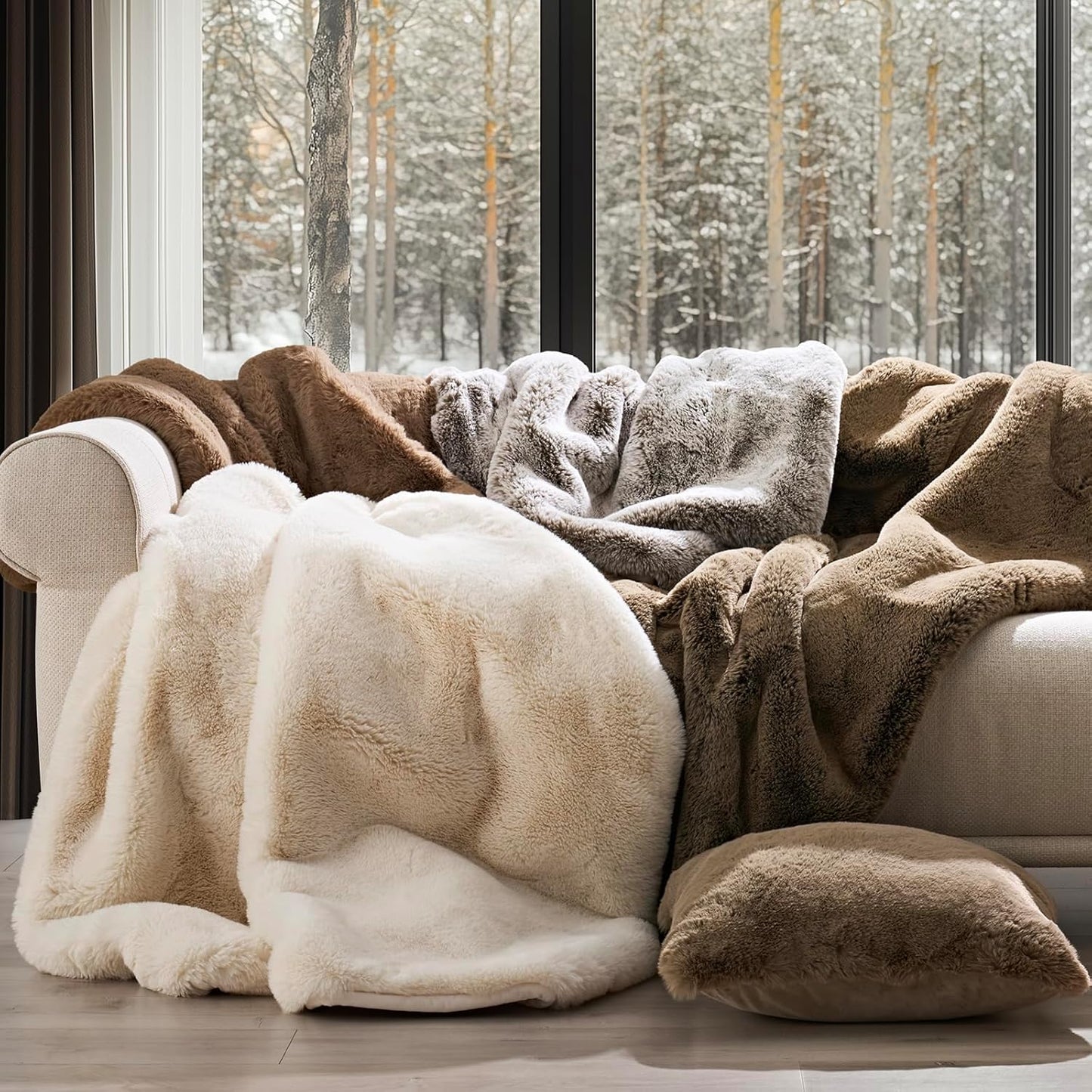 Luxury Soft Faux Chinchilla Fur Throw Blanket for Couch, Warm Thick Heavy Winter Throw Blanket 1220GSM for Bed, Fluffy Cozy Mink Blanket with Reversible Velvet, Champagne Fawn, 50"x60"