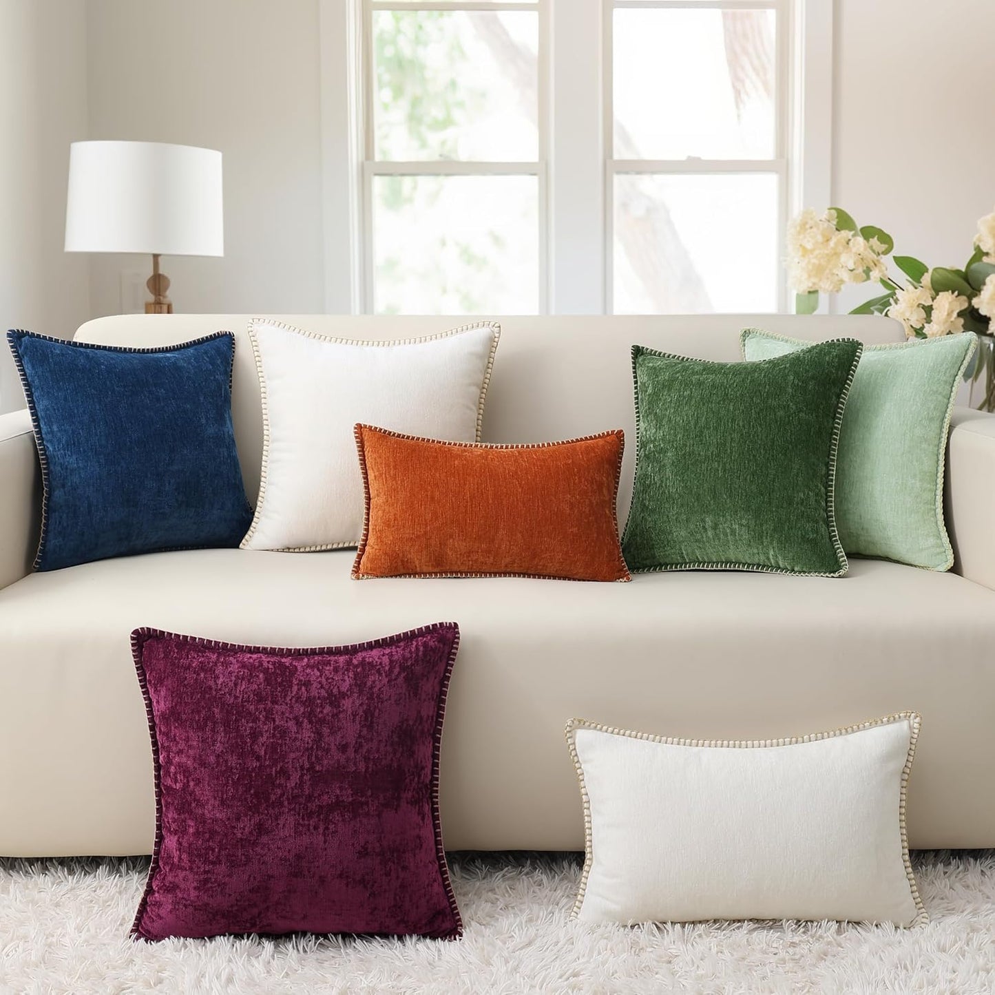 decorUhome Chenille Soft Throw Pillow Covers 12x20 Set of 2, Lumbar Velvet Farmhouse Neutral Decorative Euro Pillow Covers with Stitched Edge for Couch Sofa Bed Home Decor, Poseidon