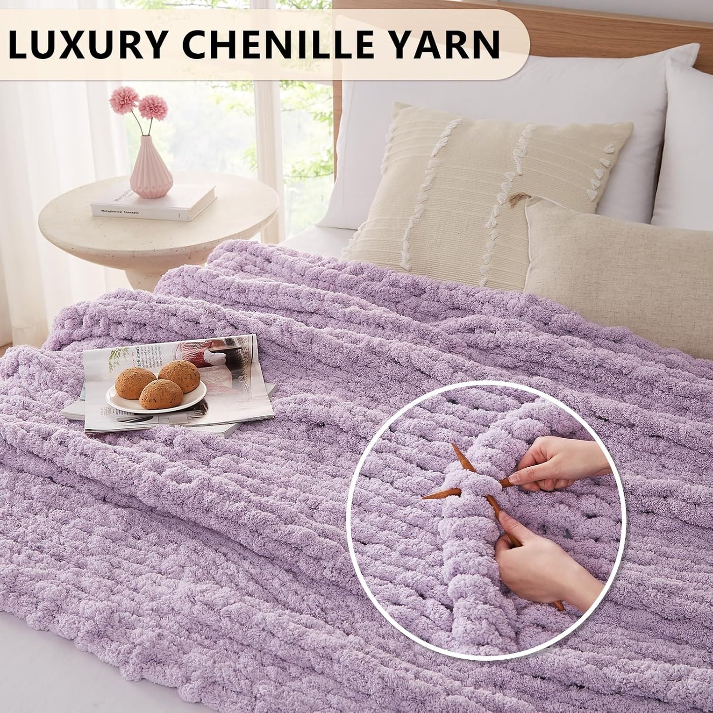 L Agusty Chunky Knit Blanket Throw: 72''x84'' Chenille Thick Knitted Throw Blanket for Bed, Couch - Handmade Large Purple Chunky Rope Blanket for Home Decor