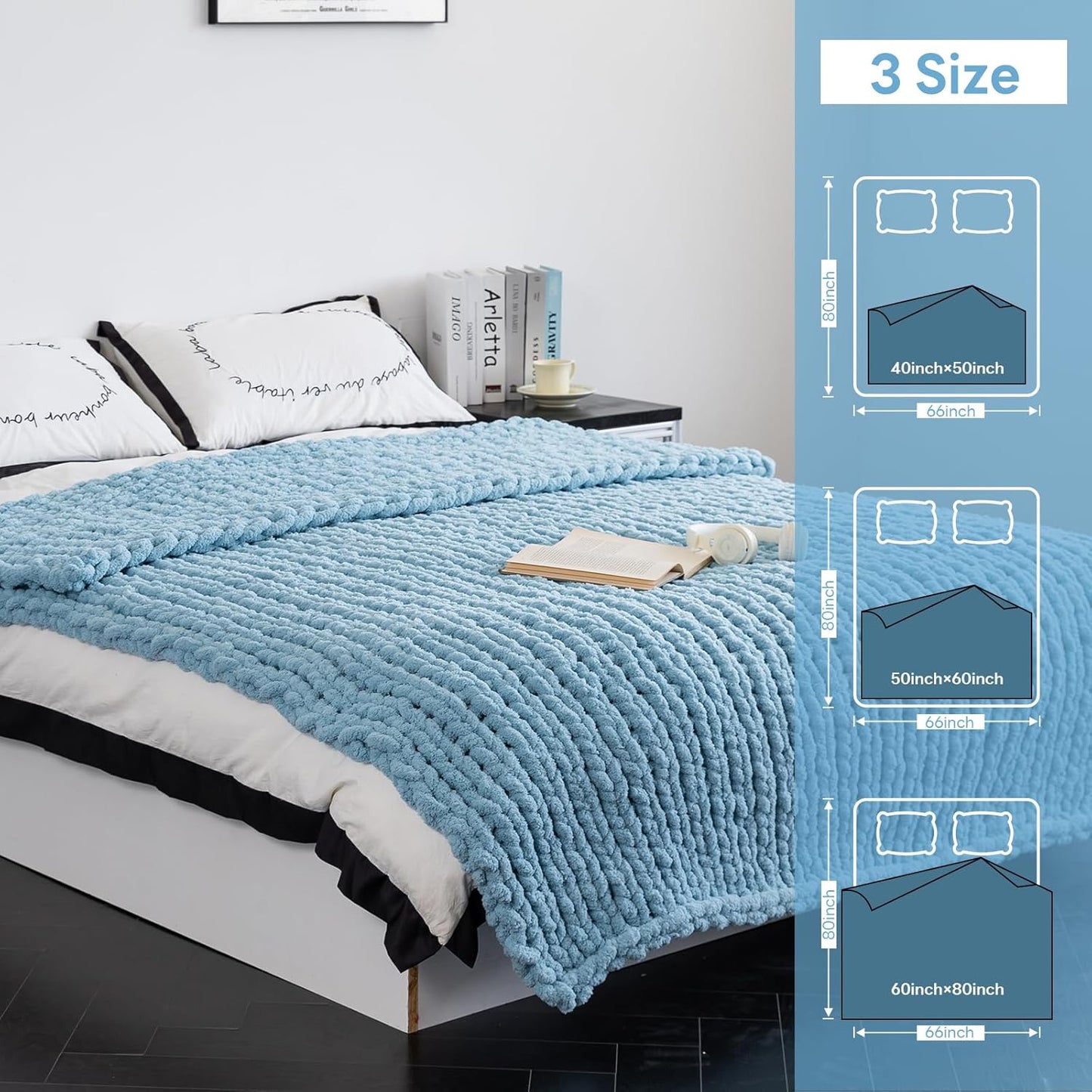 Chunky Knit Blanket - Luxury Soft Cozy 50 * 60 Throw Blanket,100% Woven Blanket Rope Knot Throw Blanket for Couch, Sofa, Home Decor, Gift - Machine Washable（Light Blue）