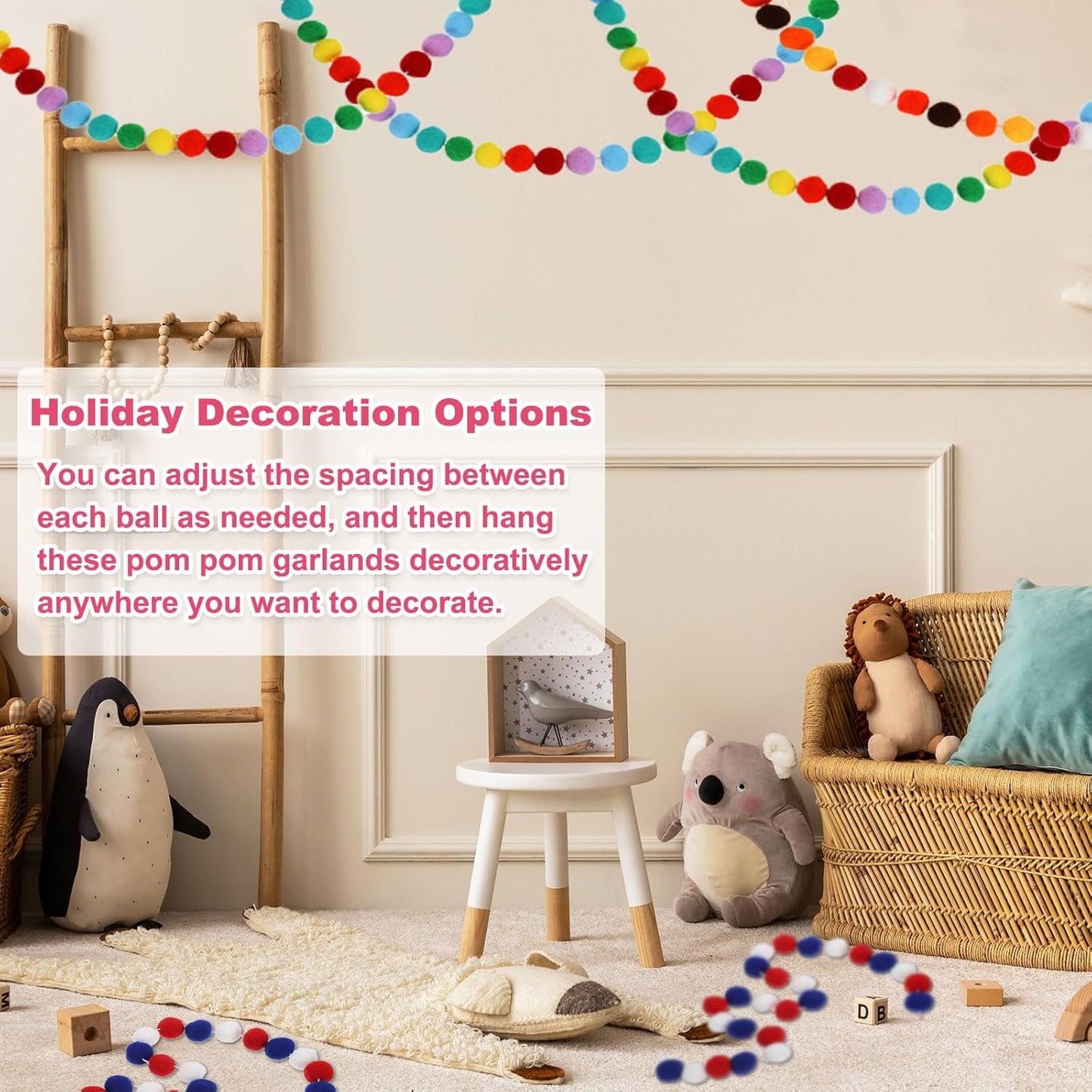 PATIKIL 26Ft Pom Pom Garland Decorations, 4Pcs Colorful Felt Ball Garland Banner Cute Rainbow Pompom Hanging Decorations for Tree Ornaments Homes Decor, Red/White/Blue