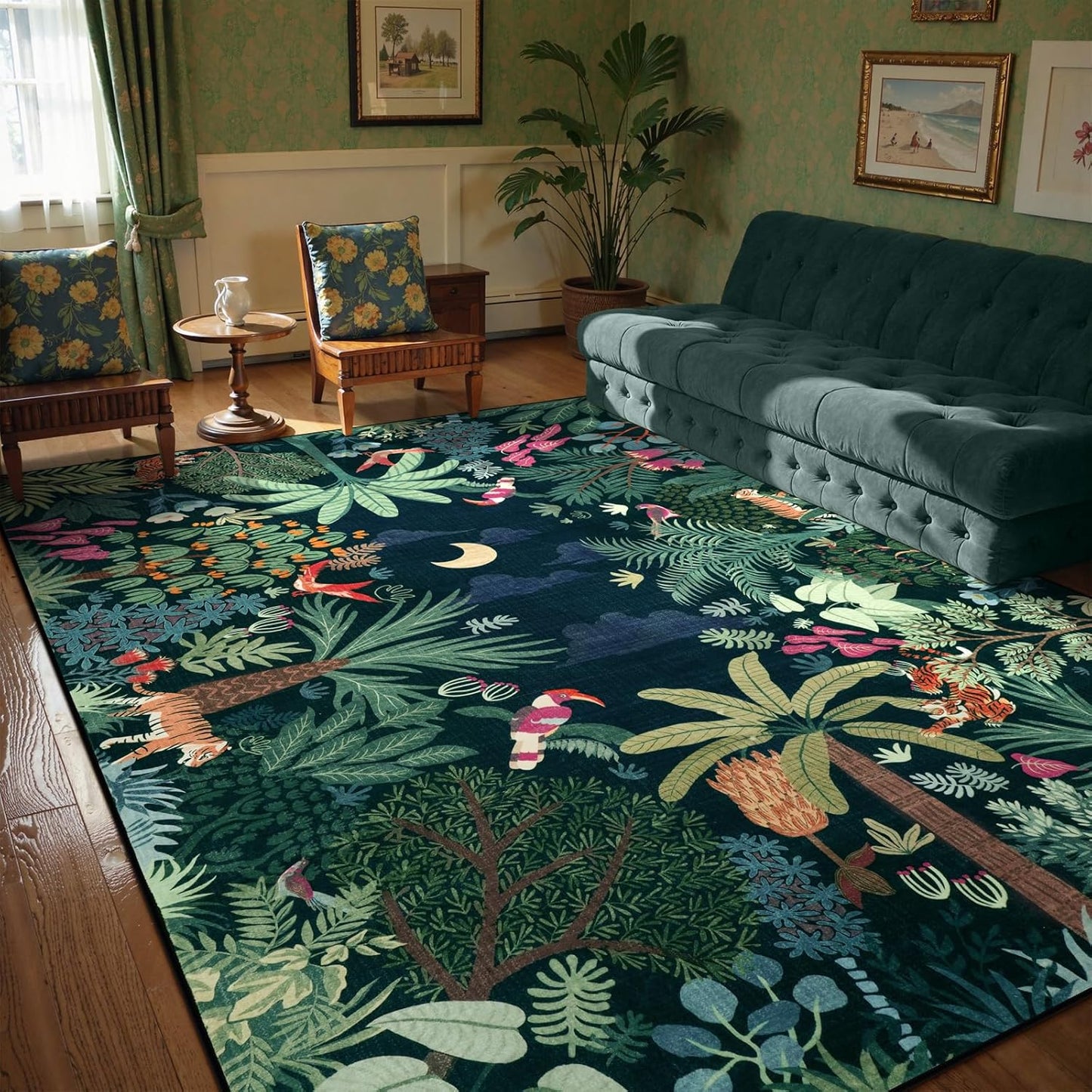 LIVEBOX Washable Jungle Dark Green Rugs 9x12 for Living Room, Stain Resistant Soft Kids Area Rugs for Bedroom, Non-Skid Modern Dining Room Rug Floor Carpet for Playroom Kids Nursery