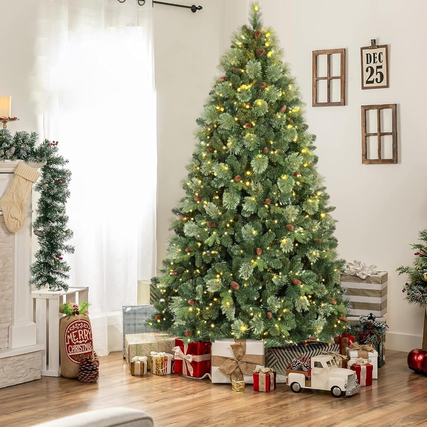 Kadunmina 7.5ft Prelit Christmas Tree, Artificial Carolina Pine Christmas Tree with 750 Warm White Lights, Pine Cones, 1645 Branch Tips and Metal Stand for Home, Office, Holiday Party Decoration