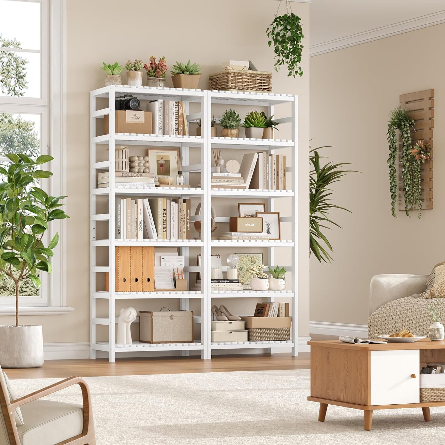 FOTOSOK 6-Tier Bamboo Shelf, Bamboo Bookcase with Adjustable Shelves, Free Standing Storage Shelf Unit, Plant Flower Stand for Bathroom, Kitchen, Home Office, White