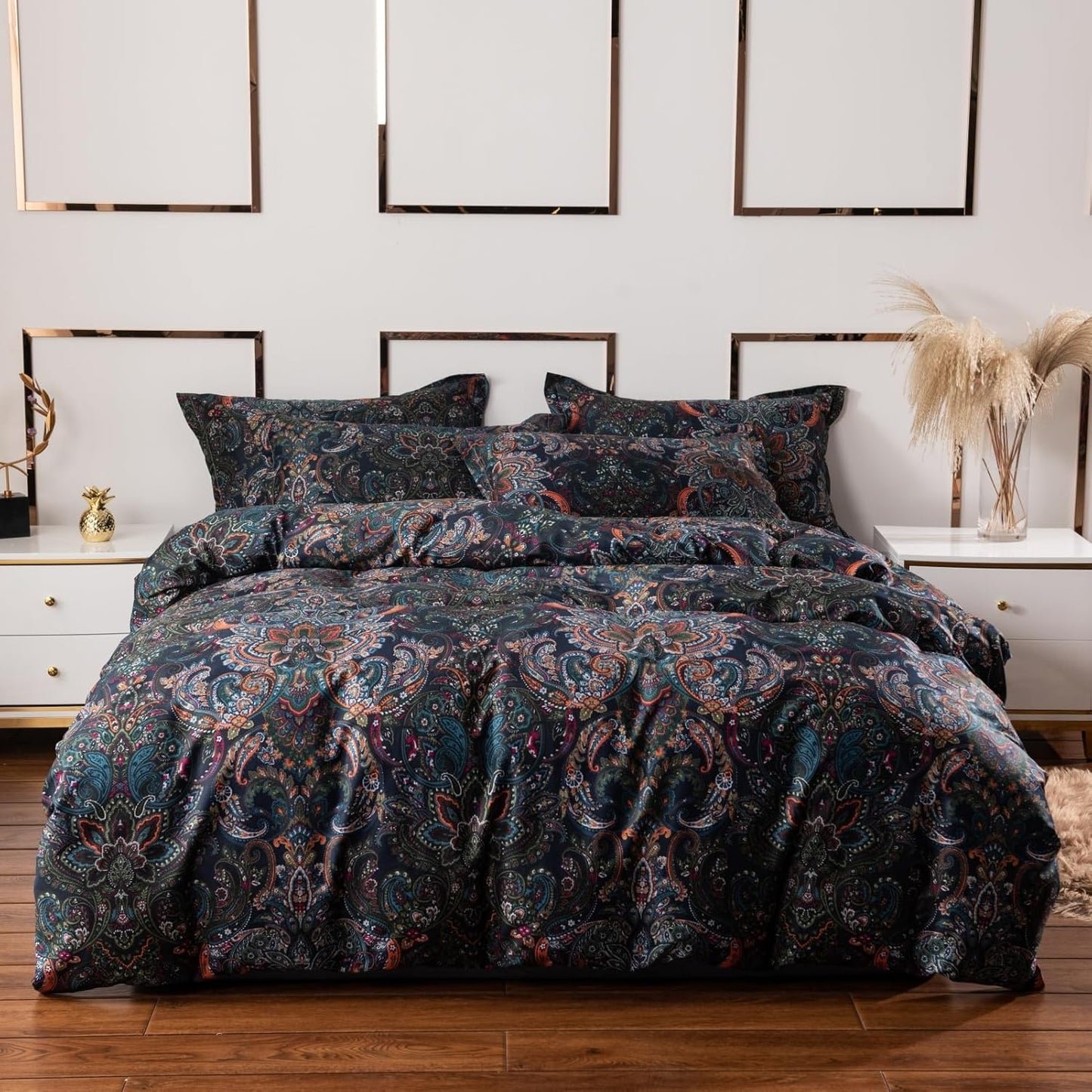 ABREEZE Luxury Vintage Black Duvet Cover Sets Damask Paisley Bedding Set Retro 100% Brushed Cotton Zipper Closure Bedding Collection Cal.King