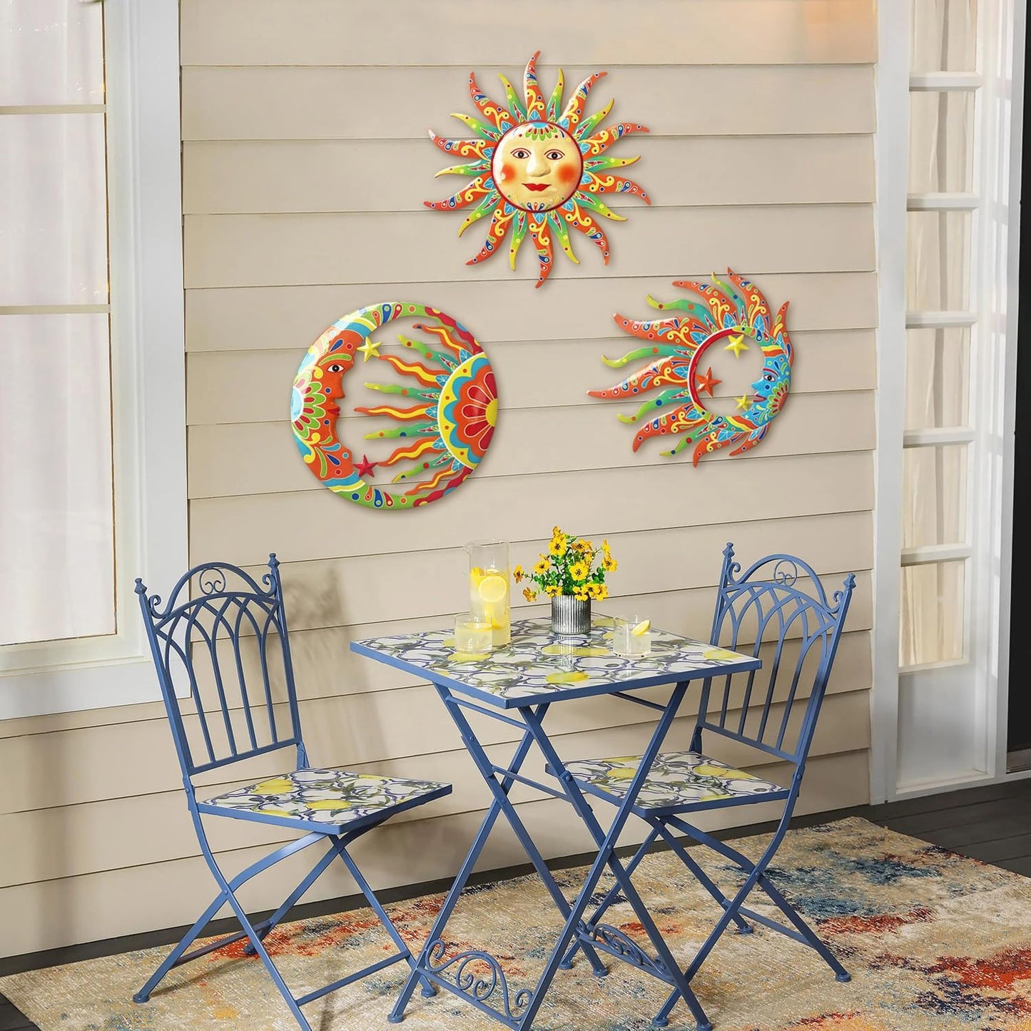 Limygus 3D Print Sun Wall Hanging, Wall Sculpture, Metal Wall Art Indoor/Outdoor Decor - 9” Colorful Rustproof Wall Sculpture - Ideal for Bedrooms, Gardens, Homes, Patios and Farmhouses, Set of 3