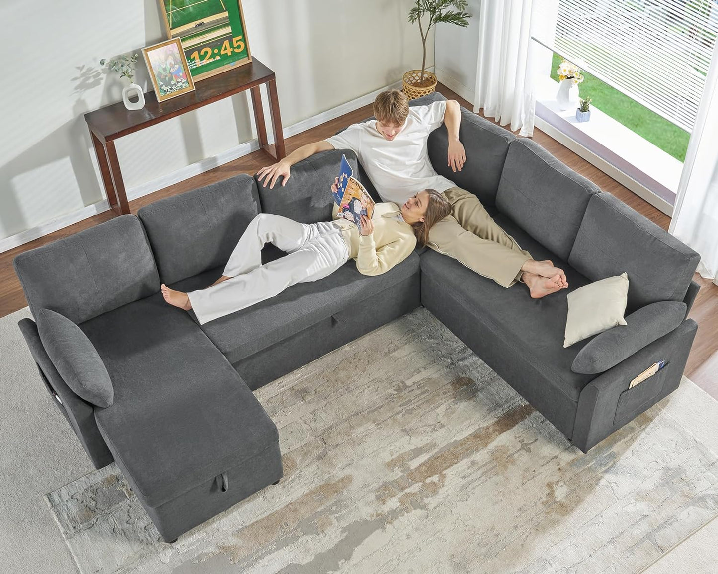 VanAcc Pull Out Sofa, 112 Inch Oversized U Shape Sleeper Sofa Couch with Storage Chaise & 3 Seater, Comfy Couch with Pull Out Bed for Living Room, Grey Linen