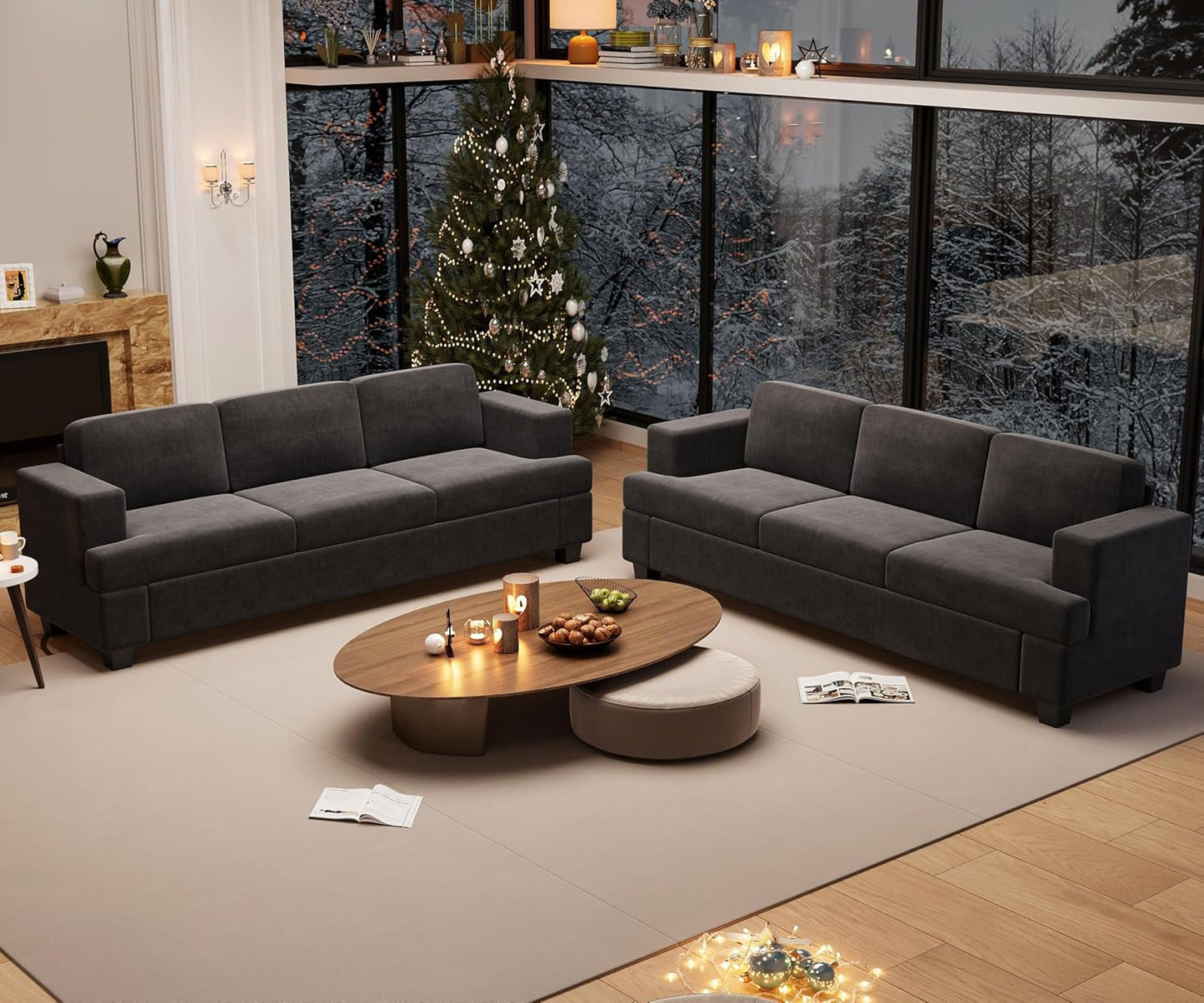 2 Piece Set Comfy Sofa Couch, 2 3-Seater Sofa with Deep Seats, Modern Sleeper Couch for Living Room, Dark Grey Chenille