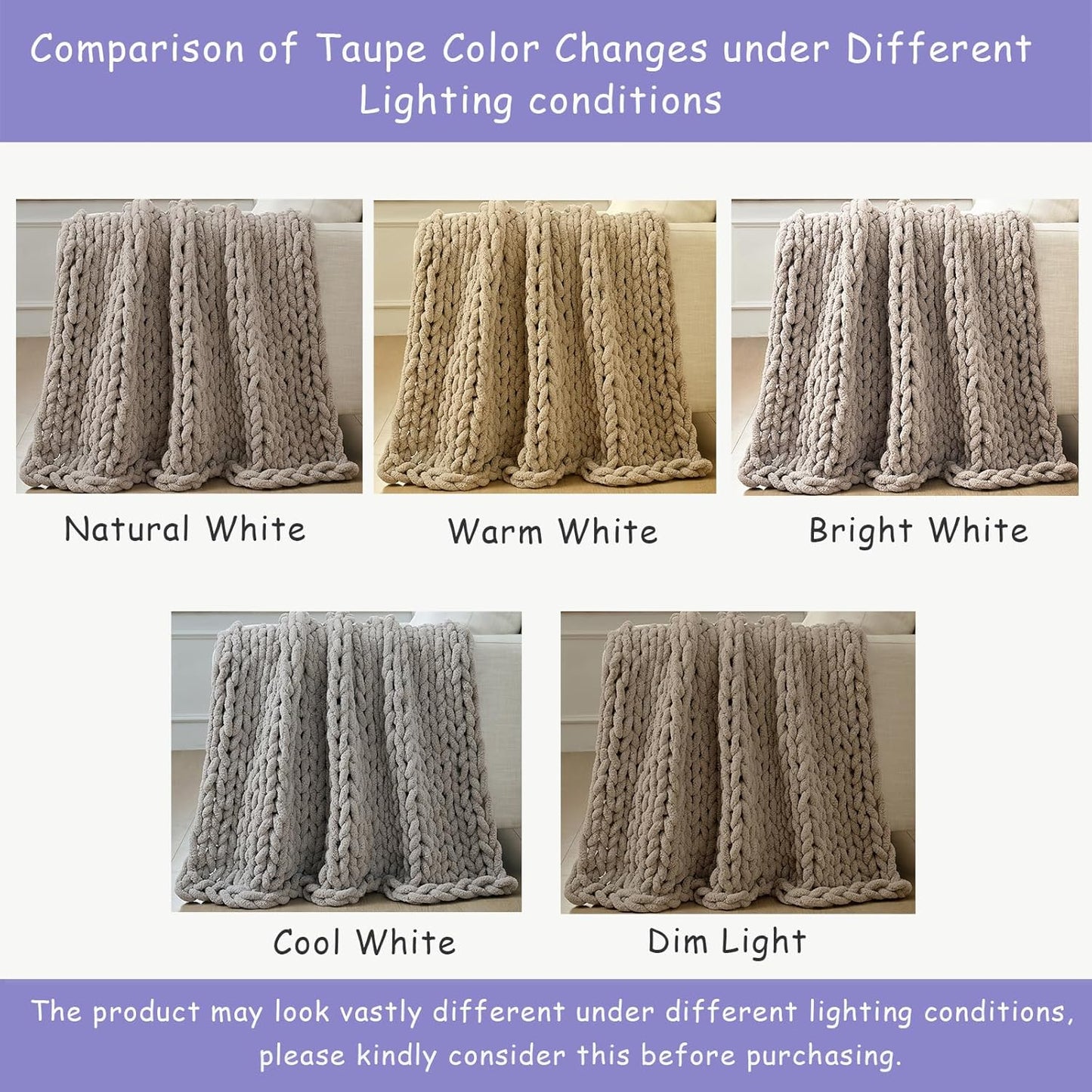 Bigacogo Chunky Knit Throw Blanket for Couch, 40x60 inches, 100% Hand Knitted with Thick Jumbo Chenille Yarn, Cozy Soft Large Rope Knot Cable Crochet Blankets for Sofa Bed Living Room, Taupe
