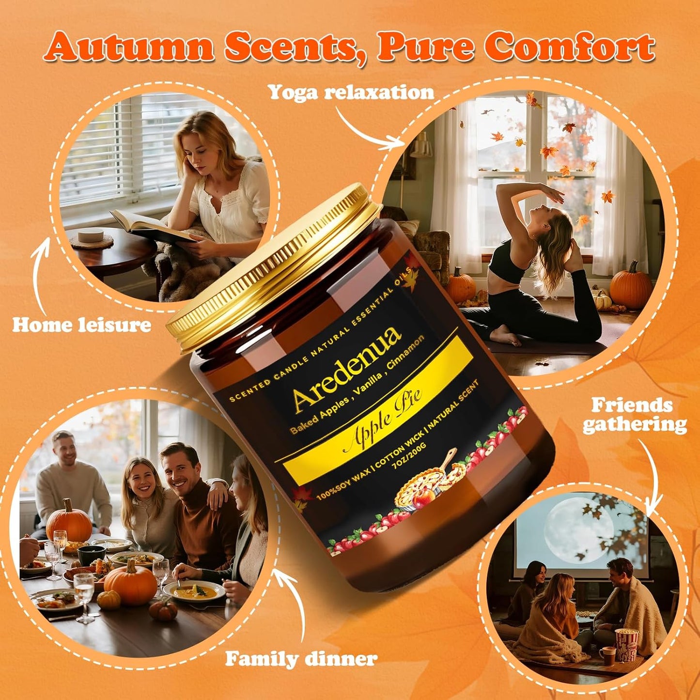 Fall Candles - Apple Pie Candle | Apple Scented Candles for Thanksgiving, 7oz Fall & Winter Soy Candle for Home Scented, 50 Hours Burn Time, Harvest Holiday/Halloween/Autumn Gifts for Women Men