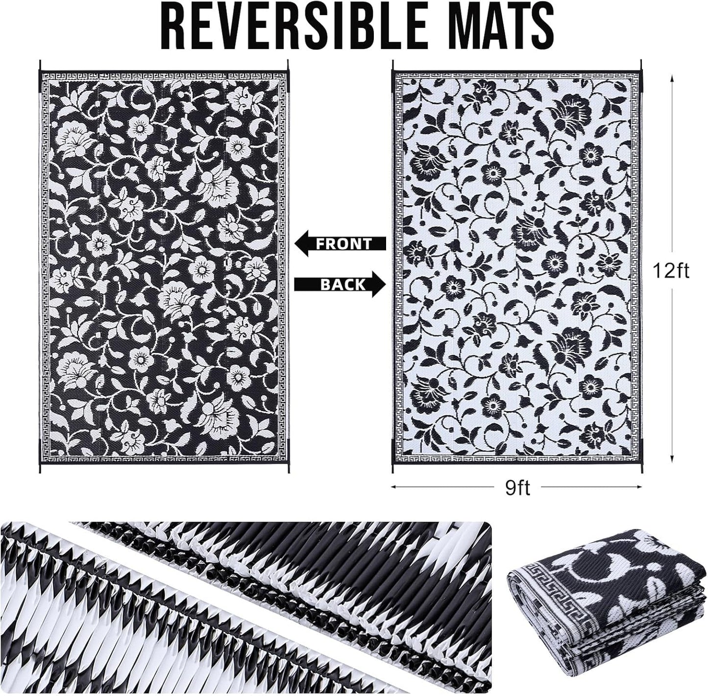 OLANLY Waterproof Outdoor Rug 9x12 ft, Outdoor Plastic Straw Rug with Flower Pattern, Reversible RV Mat for Patio, Camping, Balcony, Deck, Backyard, Black & White