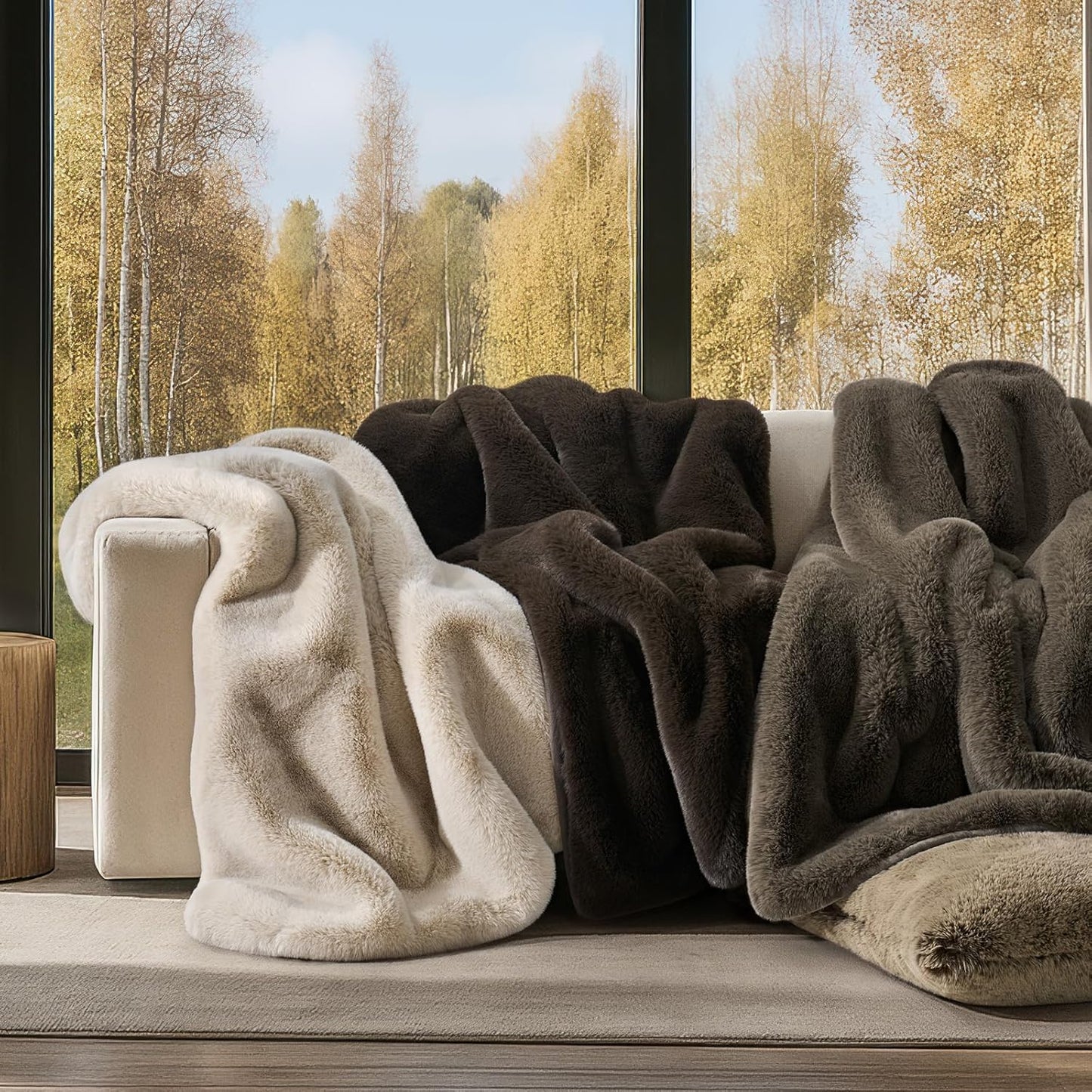 Luxury Soft Faux Chinchilla Fur Throw Blanket for Couch, Warm Thick Heavy Winter Throw Blanket 1220GSM for Bed, Fluffy Cozy Mink Blanket with Reversible Velvet, Birch Mink, 50"x60"
