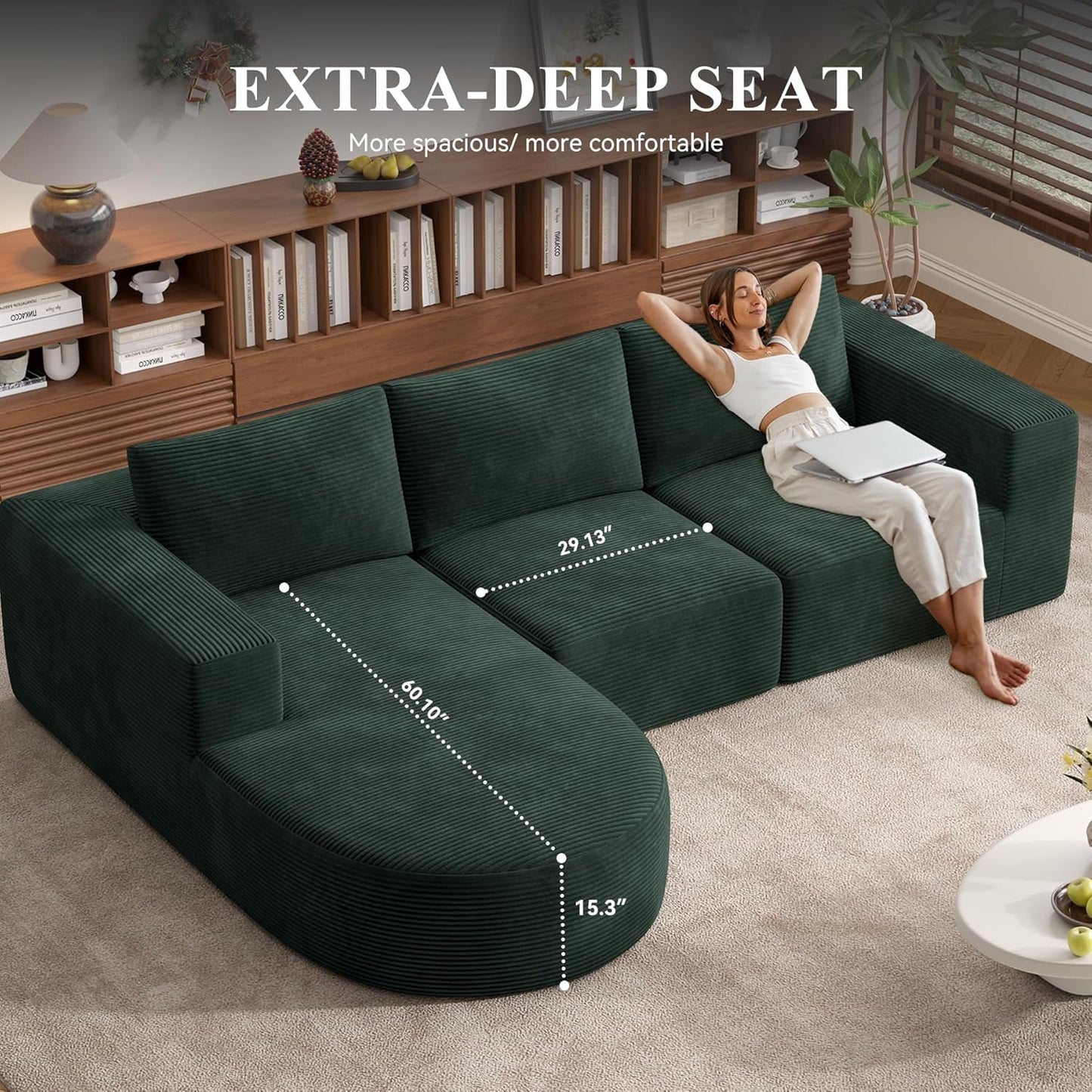 Modular Sectional Sofa with L-Shape Chaise,Cloud Sectional Modern Sleeper Couch with Deep Seat,Sponge Compression Sofas No Assembly Required (Green-Corduroy Fabric) 1PCS