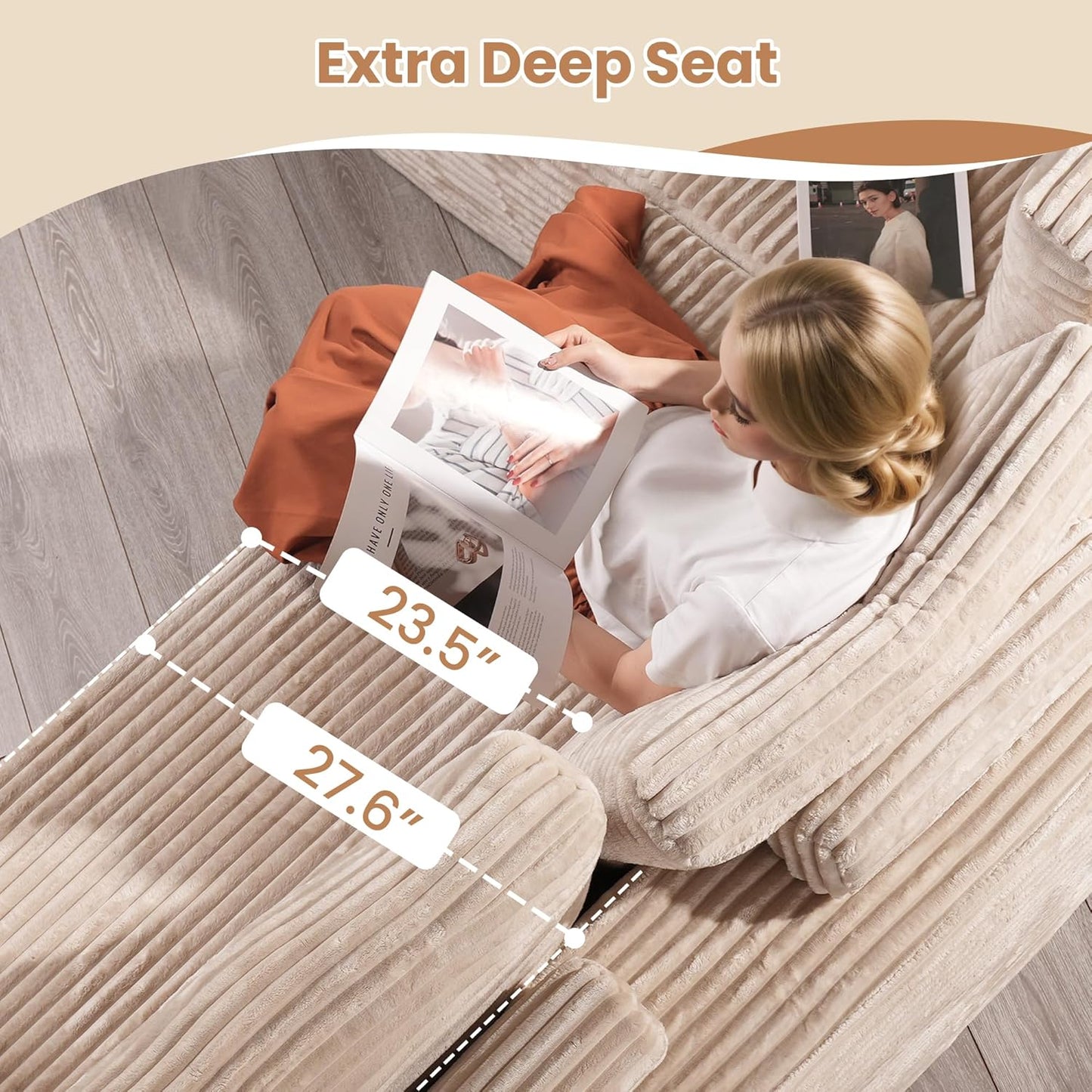 HOOOWOOO Cloud Sectional Couches for Living Room,Modular Sectional Sofa No Assembly,165X110 Inch Plush Corduroy Large U Shaped Floor Couch Set with Deep Seat Chaise Lounge(Beige)