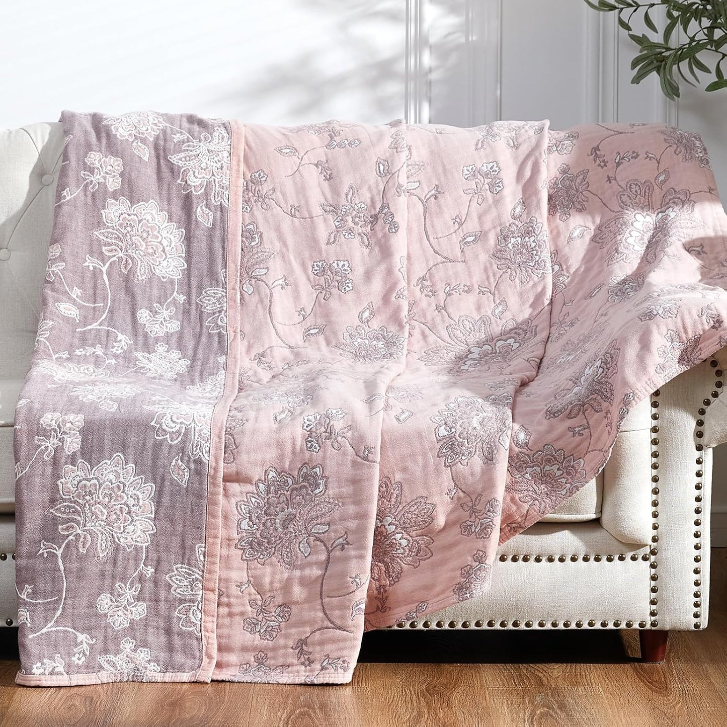 jinchan Boho 100% Cotton Muslin Queen Size 80x90 Inches Blanket Lightweight 4-Layer Quilted Soft Pink Multi Floral Throw Blanket Reversible Comfy Flower Rustic All Seasons Couch Bedroom Decor