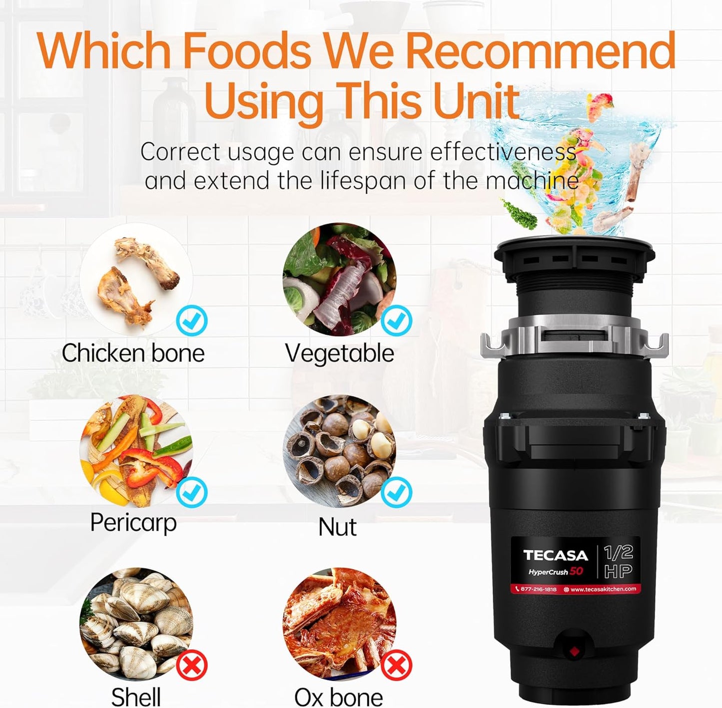 1/2 HP Garbage Disposals, TECASA Continuous Feed, Stainless Steel Food Waste Grinding System for Kitchen Sink Food Waste, Power Cord Included, Black - HyperCrush 50