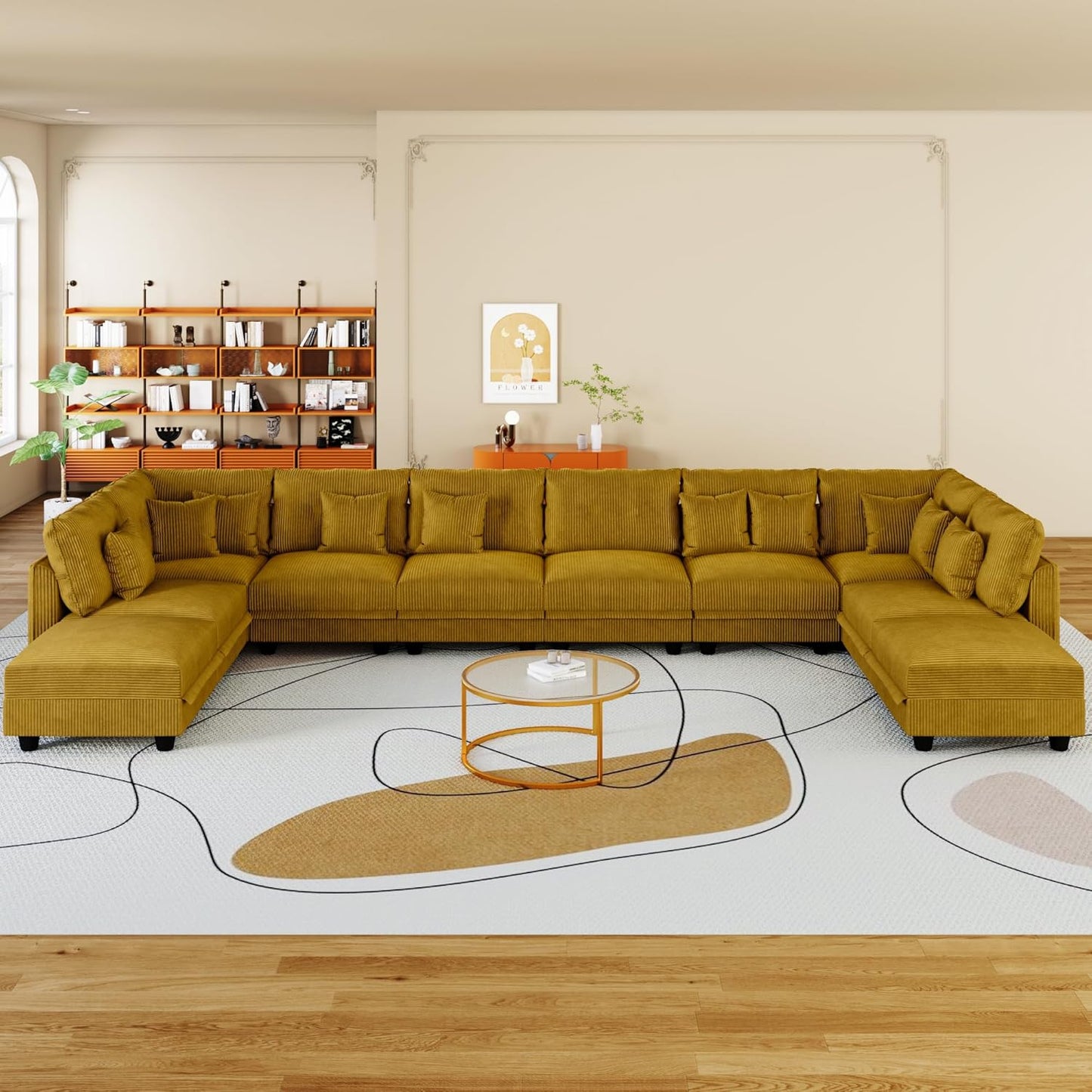 LLappuil Modular Sectional Sofa with Storage Seats, Corduroy Convertible Modular U Shaped Sectional Couch for Living Room, 10 Seat Oversized Sofa with 10 Back Cushion 10 Throw Pillow, Yellow