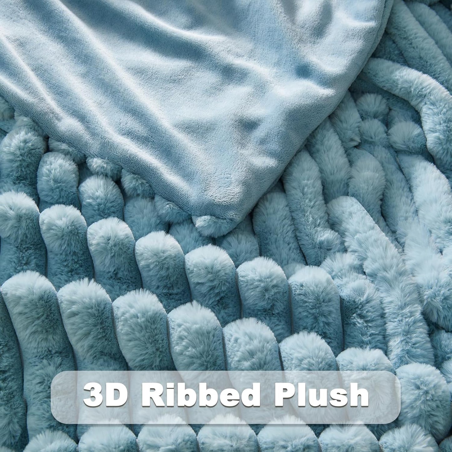 NEWCOSPLAY Faux Fur Twin Blanket Blue 3D Ribbed Plush Thick Warm Blanket for Couch Sofa Bed 850GSM (Blue Ribbed, Twin(60"x80"))