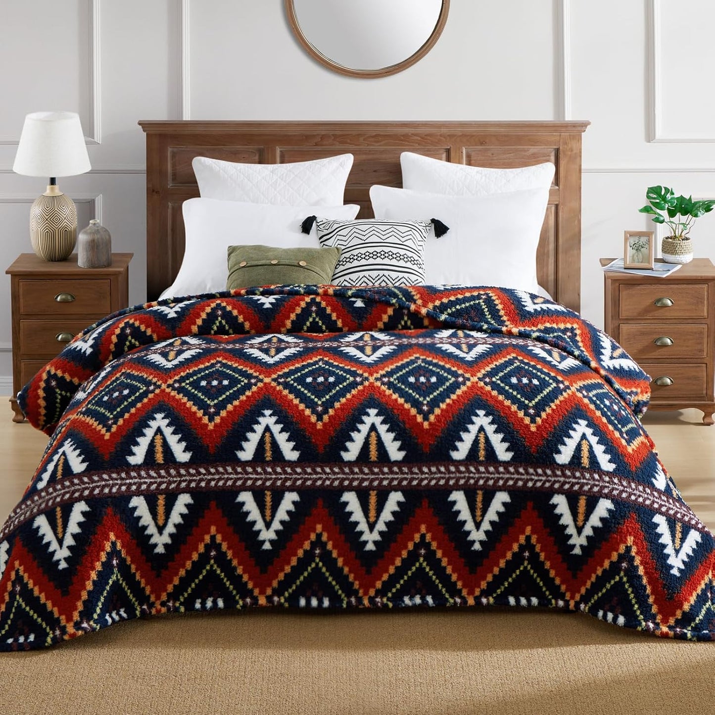 CASAAGUSTO Boho Sherpa Throw Blanket, Aztec King Size Blanket, Ultra Soft, Warm, Cozy, Plush, Thick Fleece Bohemian Throw Blanket for Couch, Bed, Sofa (Navy 108 * 90 Inch)