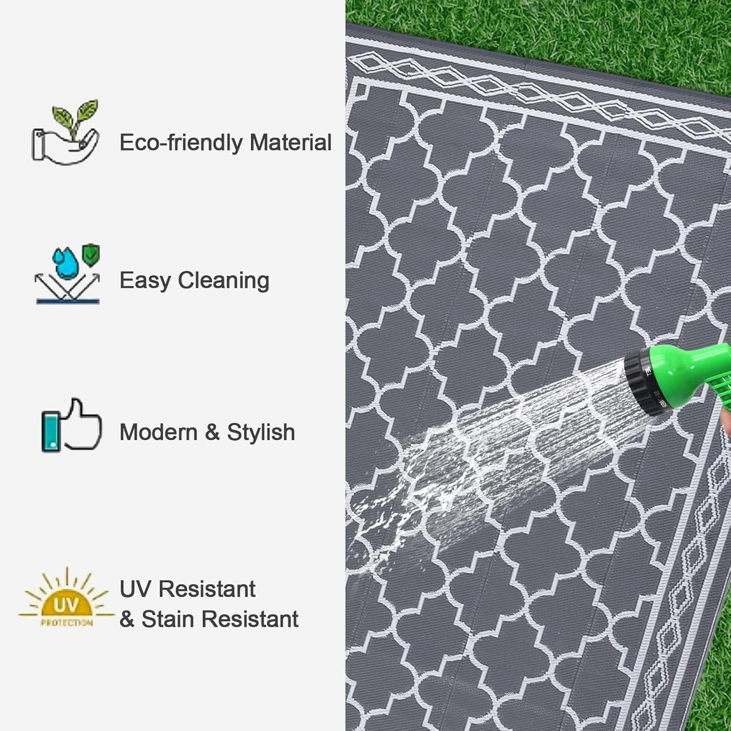 GAOMON Outdoor Rugs Patio Camping Waterproof Rug 6'x9' Plastic Straw Patio Rug Portable for Campers, Outside RVs Mat for Patios Clearance, Backyard Porch, Balcony, Grey/White(Geometric)