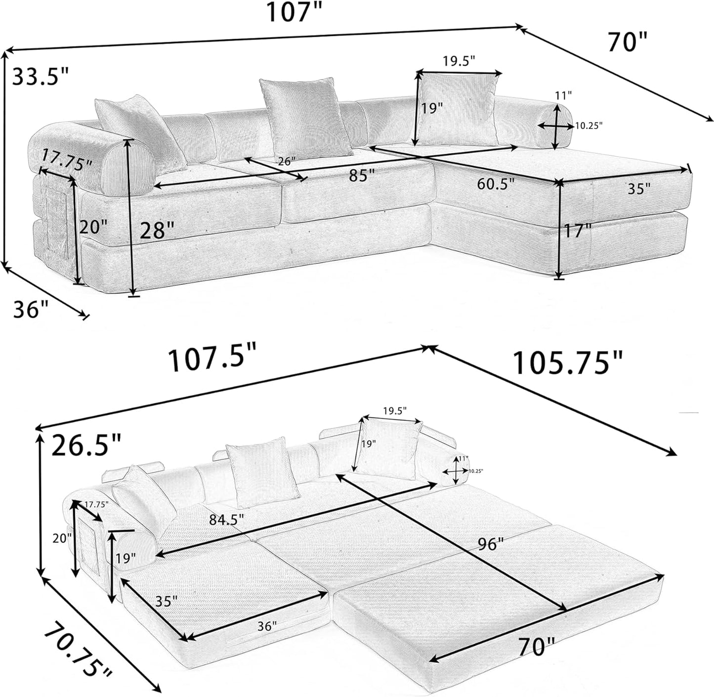 107" Oversized Convertible Sleeper Sofa Bed, Corduroy L Shape Sectional Couch, Folding Sofa Bed with Side Pocket, Modern Cloud Floor Mattress Couch, Modular Sofa for Living Room, Red