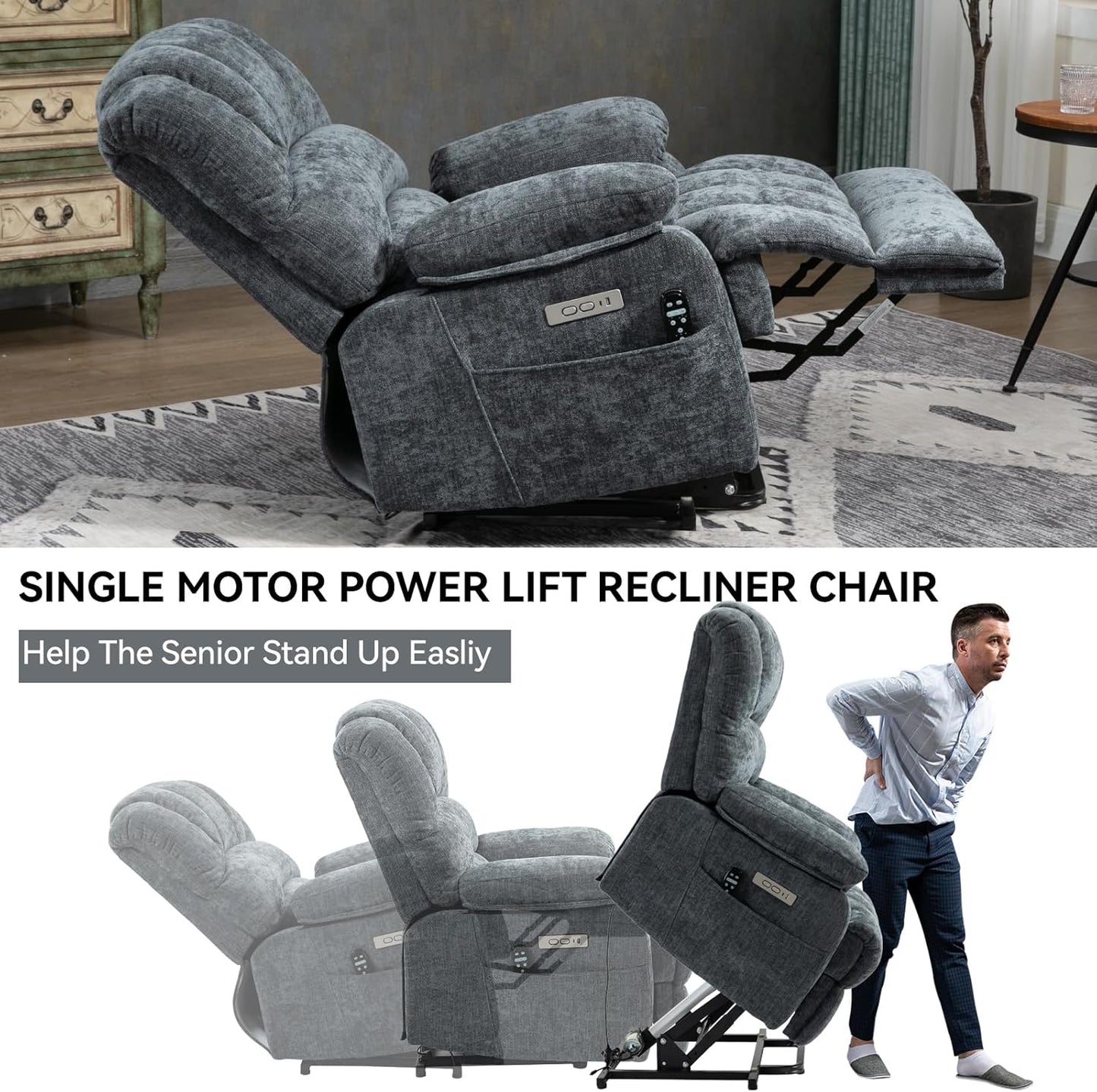 Power Lift Chair with Vibration Massage and Lumbar Heat for Elderly, Electric Recliner Chair Max 155° with Charging Ports, Blue Gray