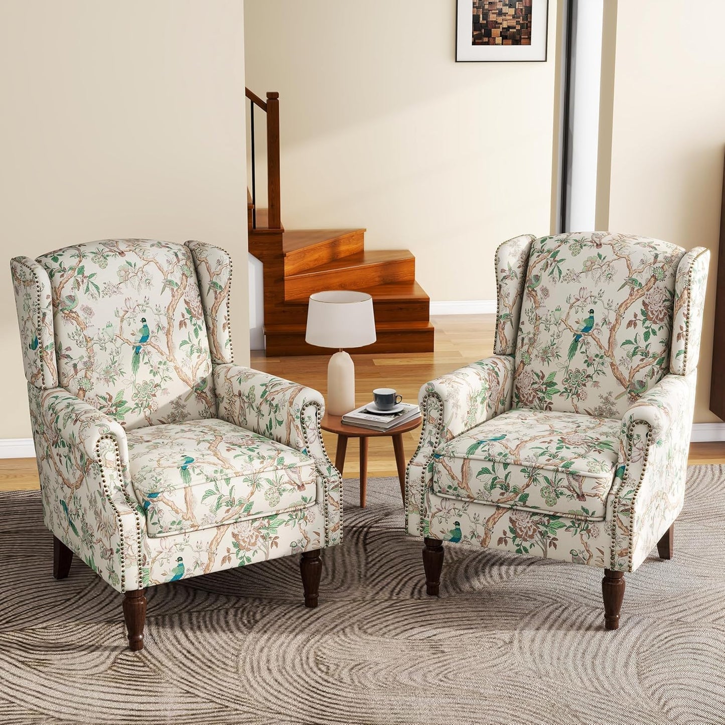 UIXE High Back Floral Accent Chairs Set of 2, Fabric Upholstered Armchair for Living Room, Retro Printed Wingback Arm Chair Rivet Trimed Single Sofa Bedroom Reading Seat - Bird