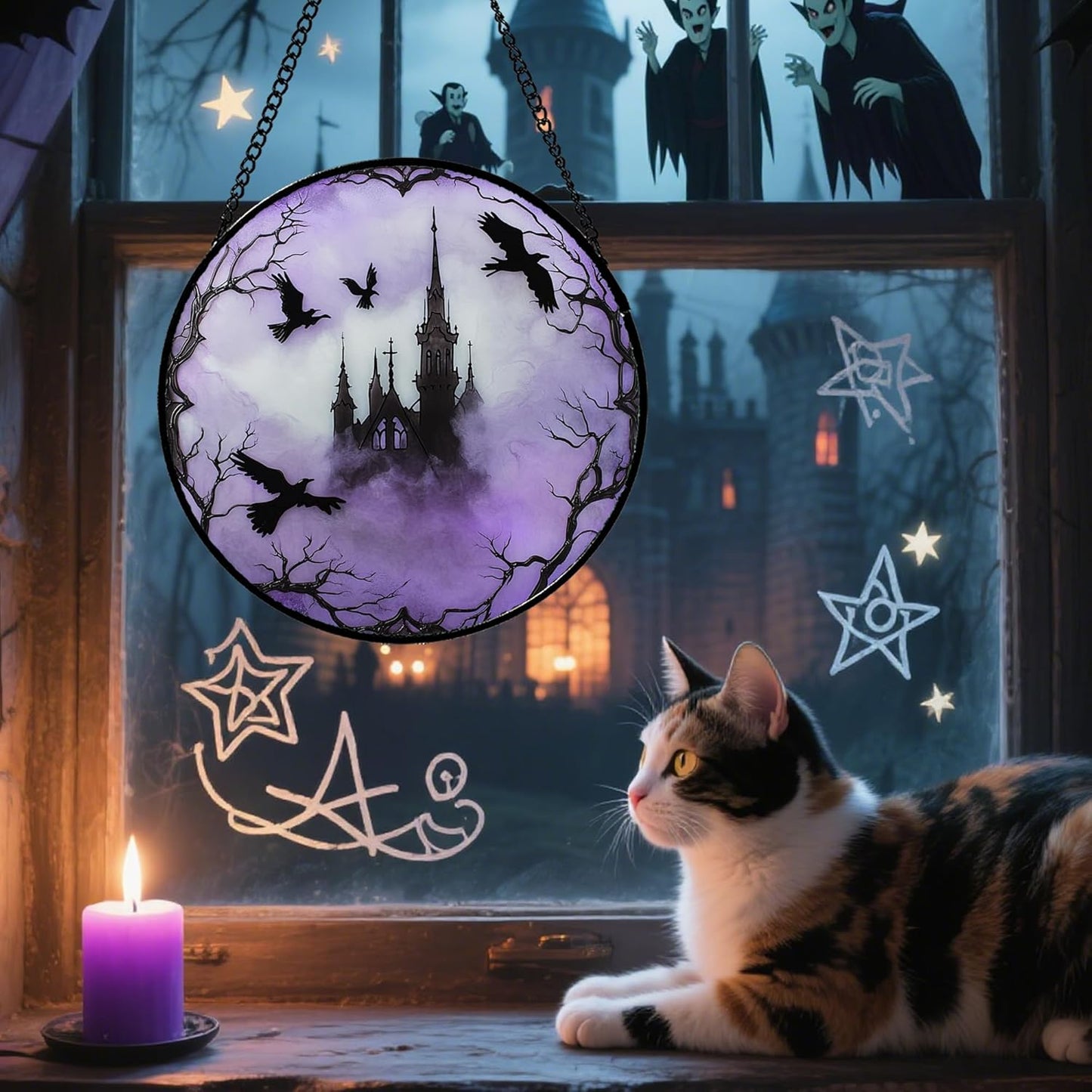 Stained Glass Window Hanging - Halloween Gothic Castle Purple Smoke Suncatcher for Doors Garden Home Spooky Crow Sun Catchers Gothic Decor Horror Gift for Women Men Friend Boy Girl 7.8 in