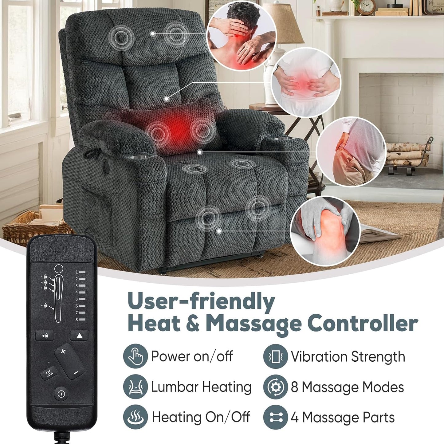 Oversized Dual Motor Lay Flat Power Lift Recliner Chair Set of 2 for Elderly with Massage and Heat, Textile Large Recliner Chair, Lift Chairs Recliner with Lumbar Pillow, Cup Holder, Grey