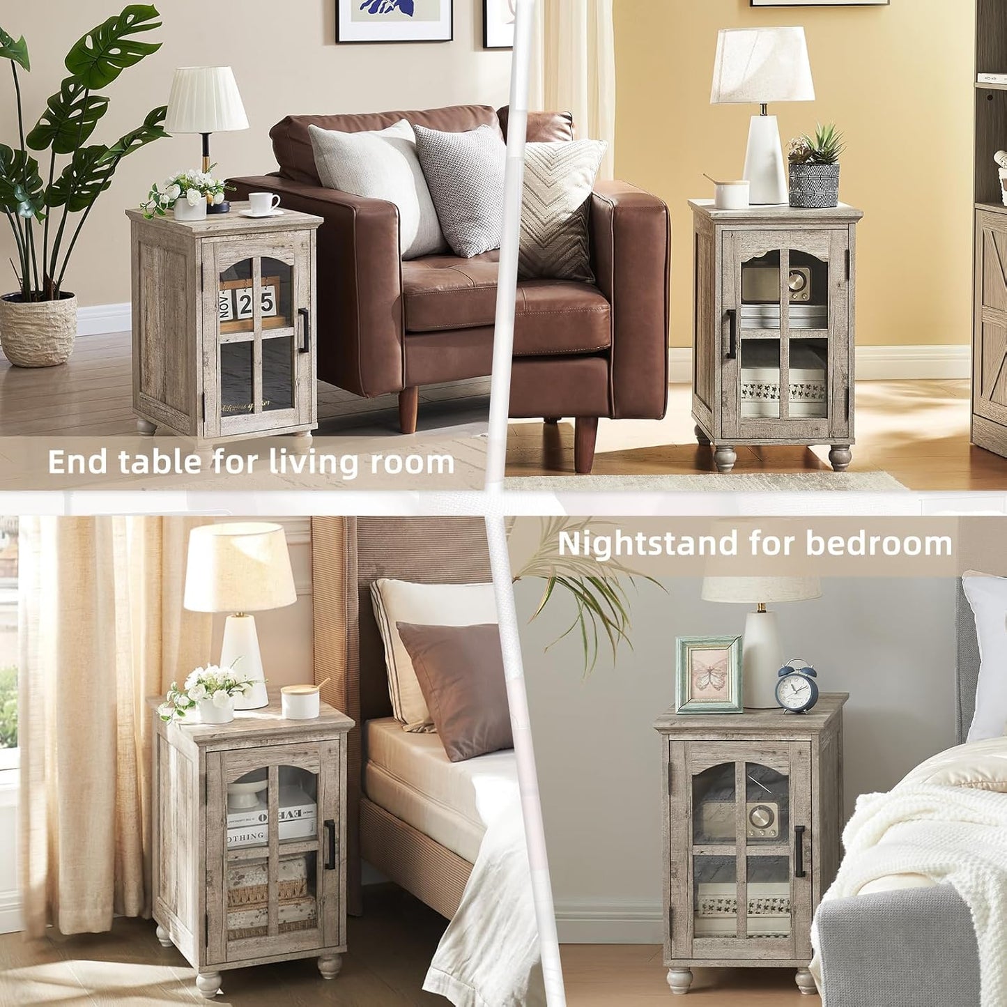 Narrow Side Table Set of 2,Farmhouse Nightstand with Charging Station,End Table with Glass Barn Door Storage, Cabinet Organizer with Adjustable Shelf, Night Stand for Small Spaces Living Room Bedroom