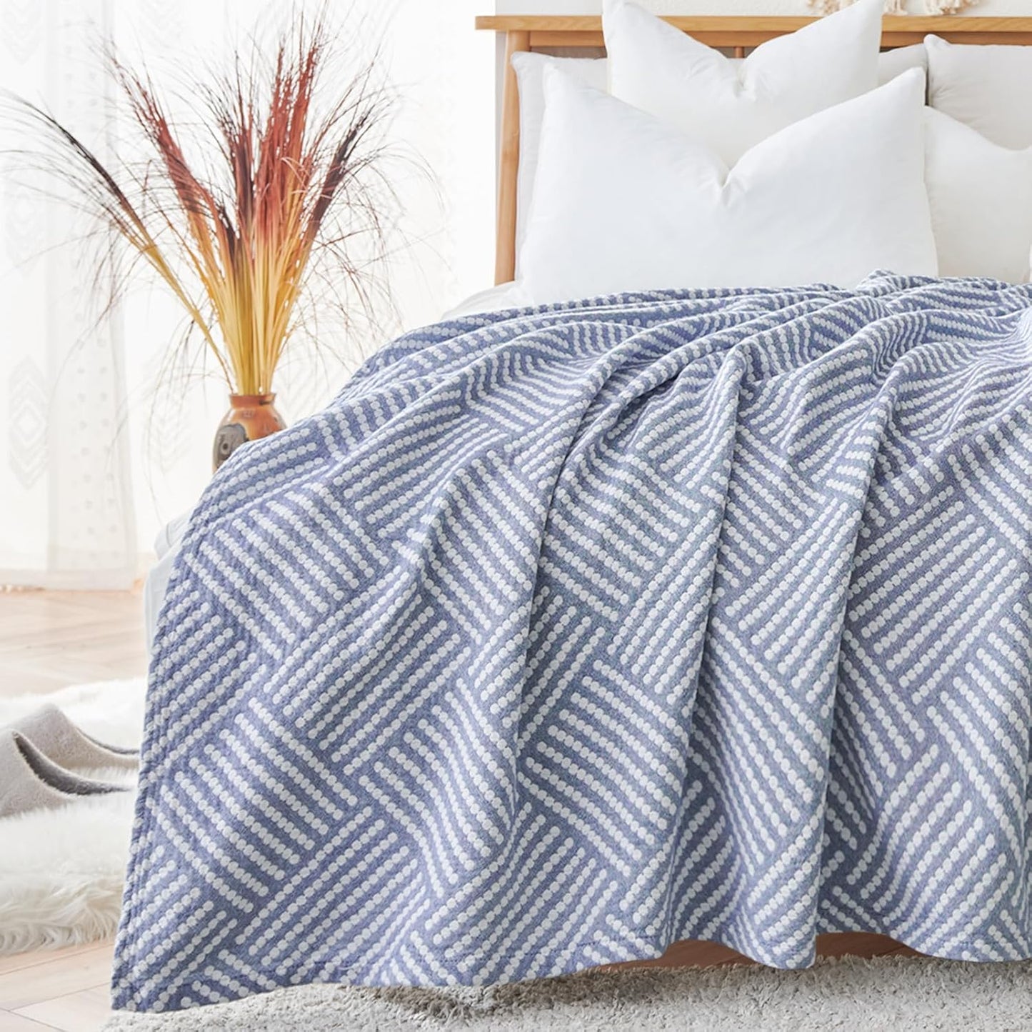 jinchan Boho 100% Cotton Blanket Muslin 50x60 Inches Lightweight 3-Layer Geometric Square Striped Pattern Reversible Quilt Throw Soft Breathable Comfy All Seasons for Couch Bed Decor, Blue
