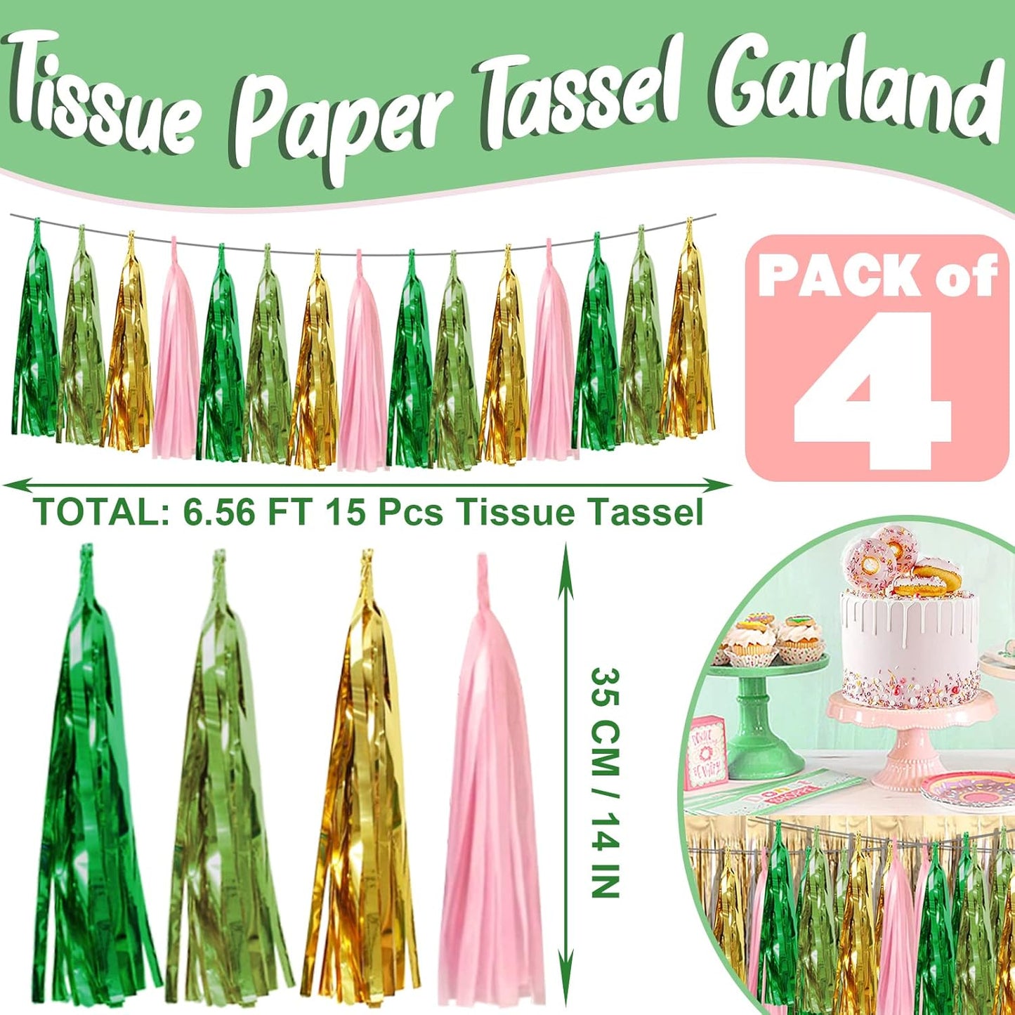 4P Pink-Gold Sage-Green Party-Decorations Foil Fringe Metallic Tassel Streamers Banner Tassel Garland for Parade Floats, Birthday, Bachelorette, Wedding, Halloween, Christmas