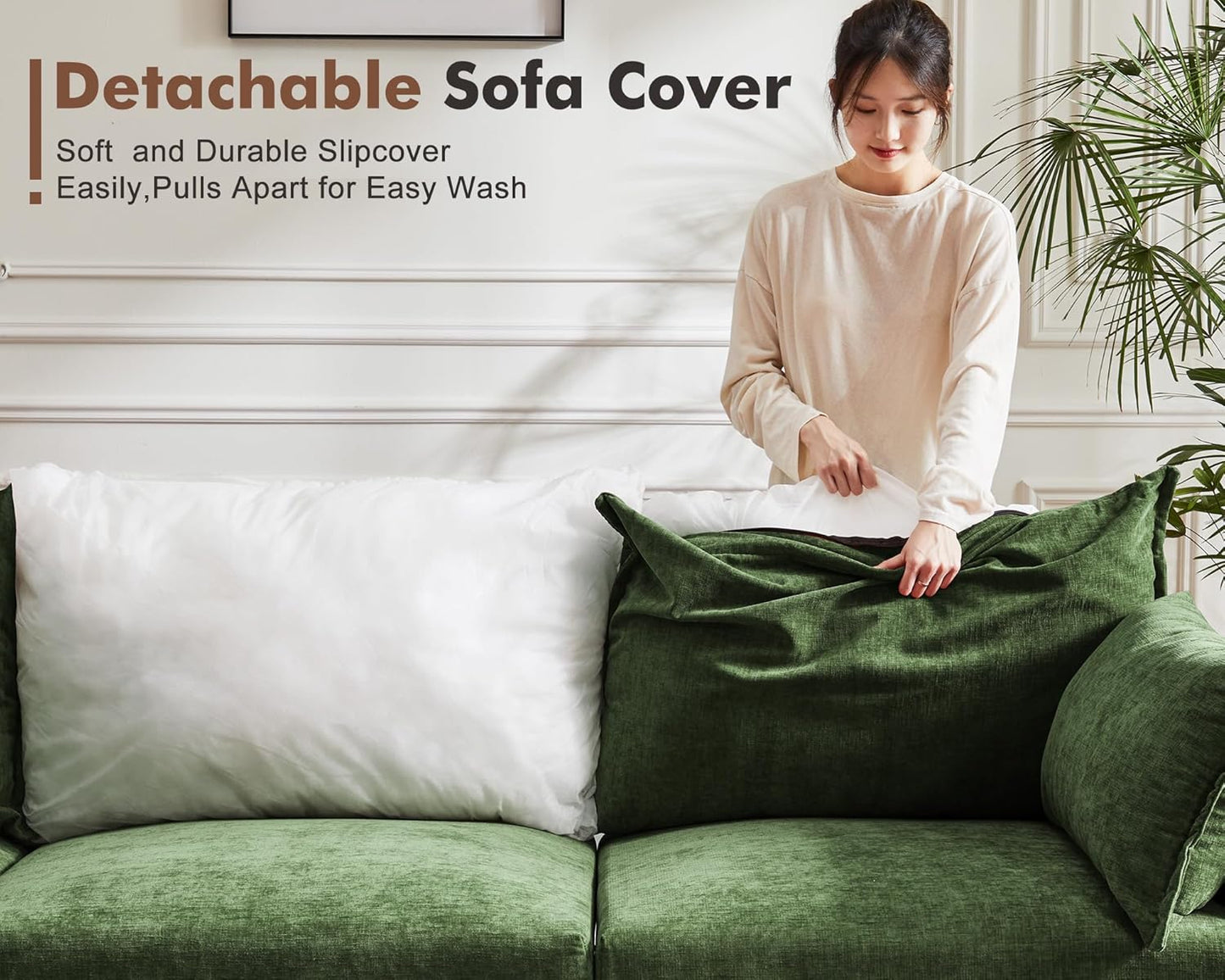 Oversized Accent Chair, Upholstered Modern Sofa Chair with Removable Backrest & Detachable Cover, 24.5" Deep Seat Large Reading Armchair for Living Room Bedroom Office - Chenille Green Set of 2