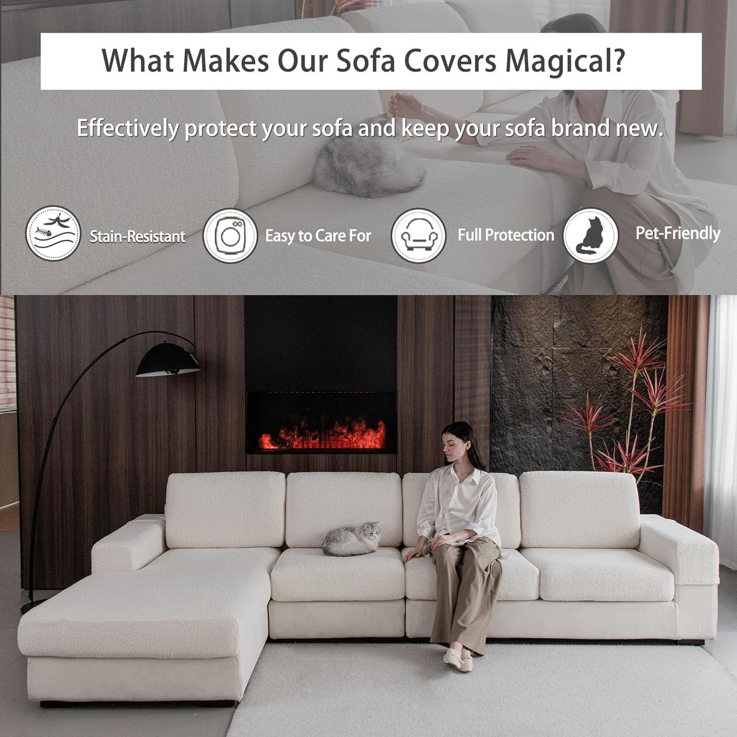Couch Cushion Covers for Sectional Sofa, Stretch Soft Sofa Slipcovers Washable Wear-Resistant Universal Furniture Protector for Living Room(1 Piece Large Cover, Ivory)