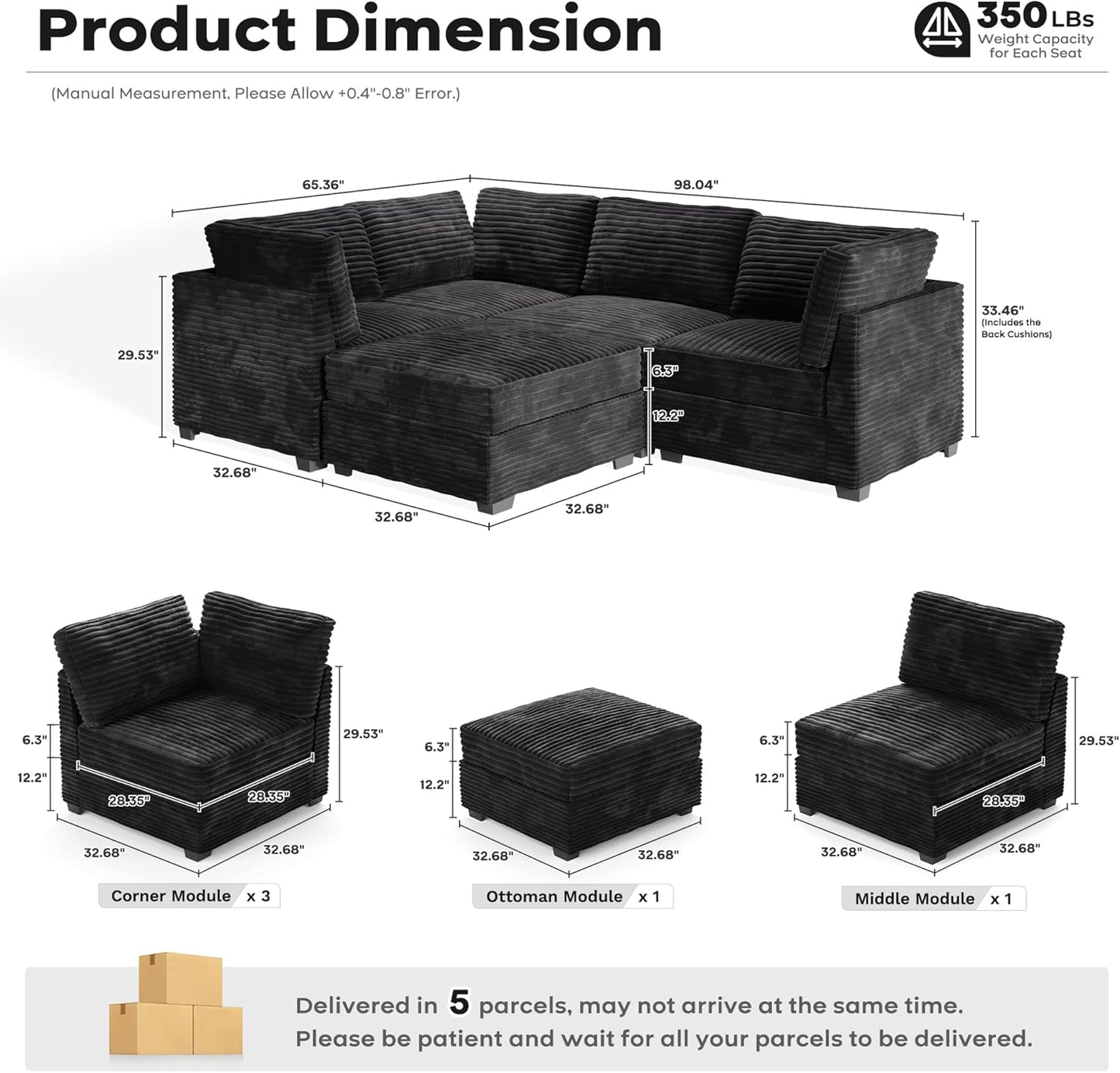 ovios Sectional Sofa Couch with L-Shape Chaise Sofa Bed, Comfy Modular Cloud Couches with Deep Seat, Modern Upholstered Plush Corduroy Sofas Set for Living Room, 5-Seater, Black