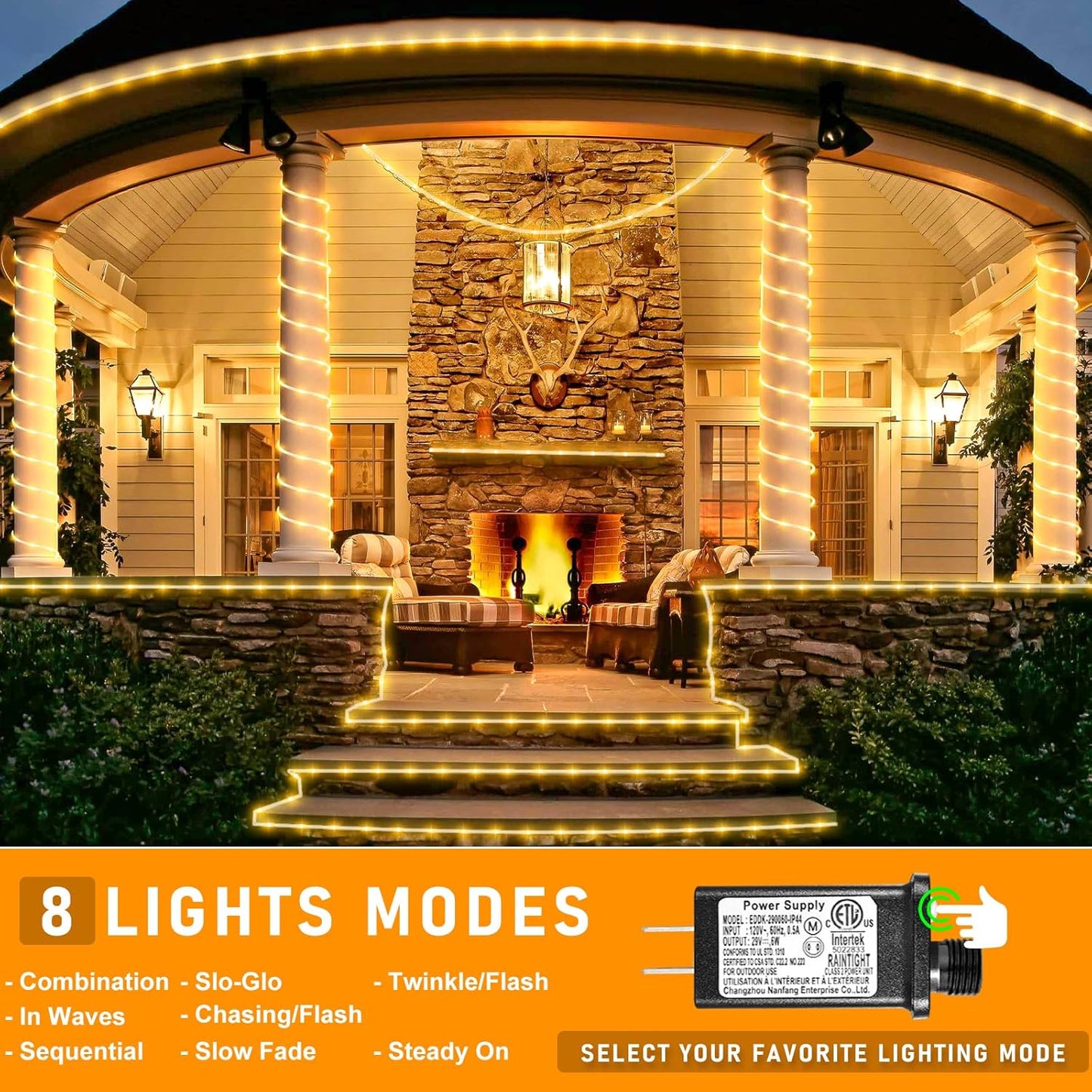 Rope Lights for Outside, 66FT 200 LED Christmas Lights Outdoor with 8 Modes Waterproof, Connectable Warm White String Lights for Indoor, Bedroom, Tree, Garden, Backyard, Patio, Pool Decorations